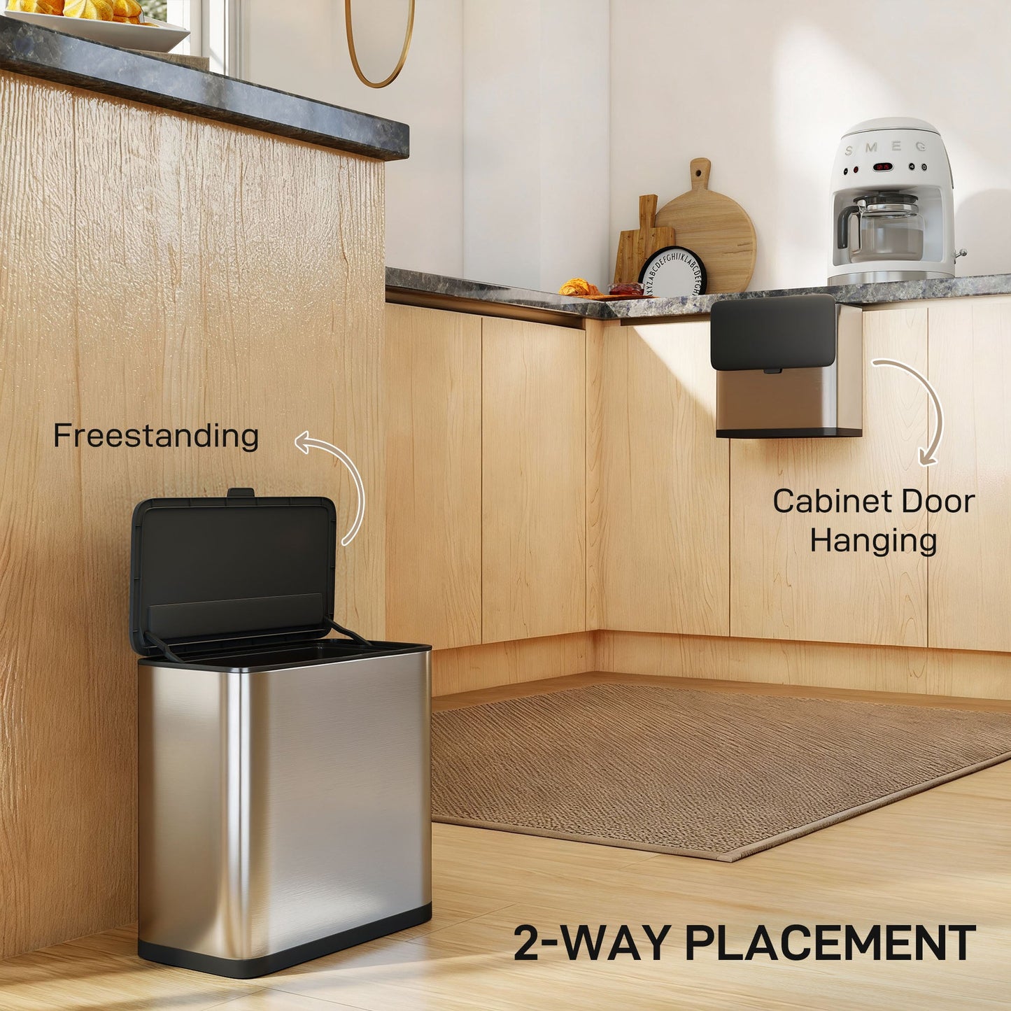 8L Hanging Kitchen Bin, Stainless Steel Rubbish bin with Press-to-Open and Stay-Open Lid, Removable Inner Bucket for Kitchen Cabinet Door, Under Sink, Bedroom, Office, Silver Tone