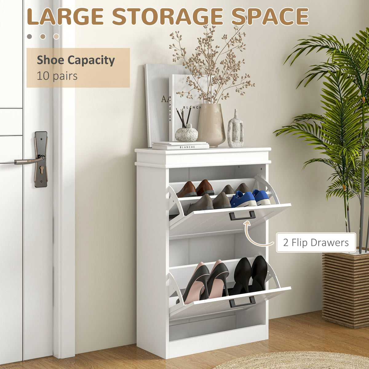 HOMCOM 2 Drawers Entryway Shoe Cabinet, Narrow Shoe Storage Cabinet with 2 Flip Drawers and Adjustable Shelves for 10 Pairs of Shoes, White