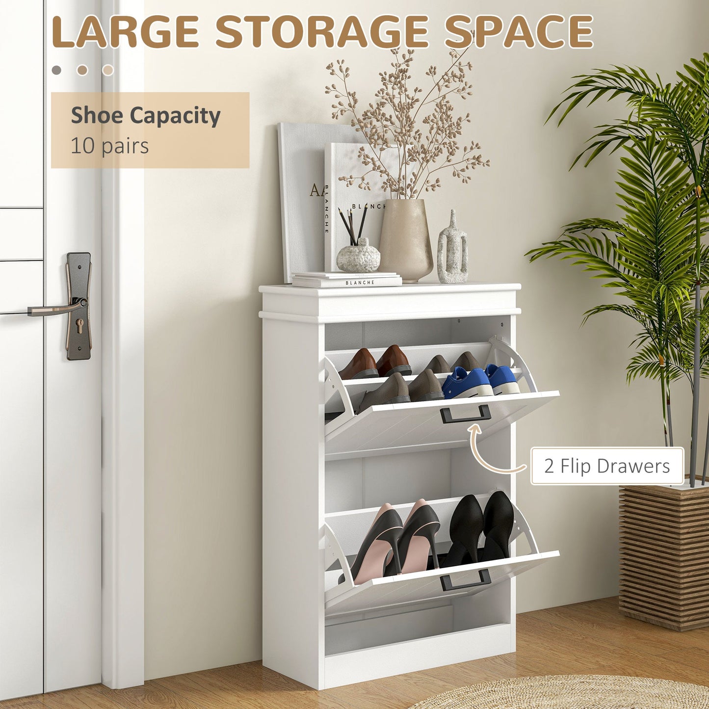 HOMCOM 2 Drawers Entryway Shoe Cabinet, Narrow Shoe Storage Cabinet with 2 Flip Drawers and Adjustable Shelves for 10 Pairs of Shoes, White