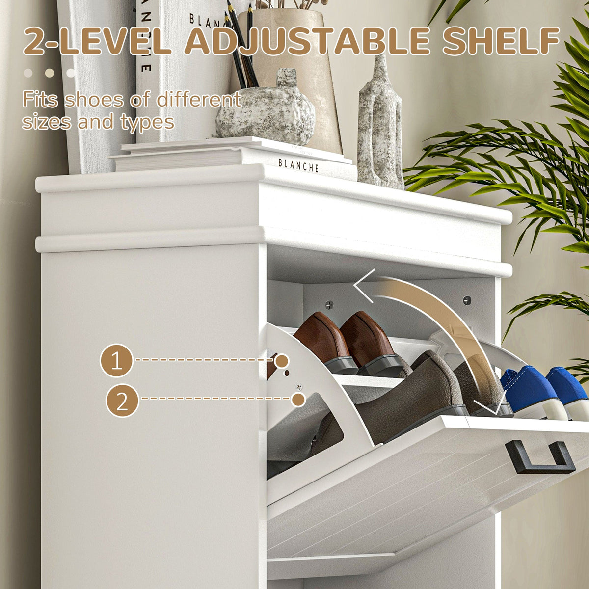 HOMCOM 2 Drawers Entryway Shoe Cabinet, Narrow Shoe Storage Cabinet with 2 Flip Drawers and Adjustable Shelves for 10 Pairs of Shoes, White