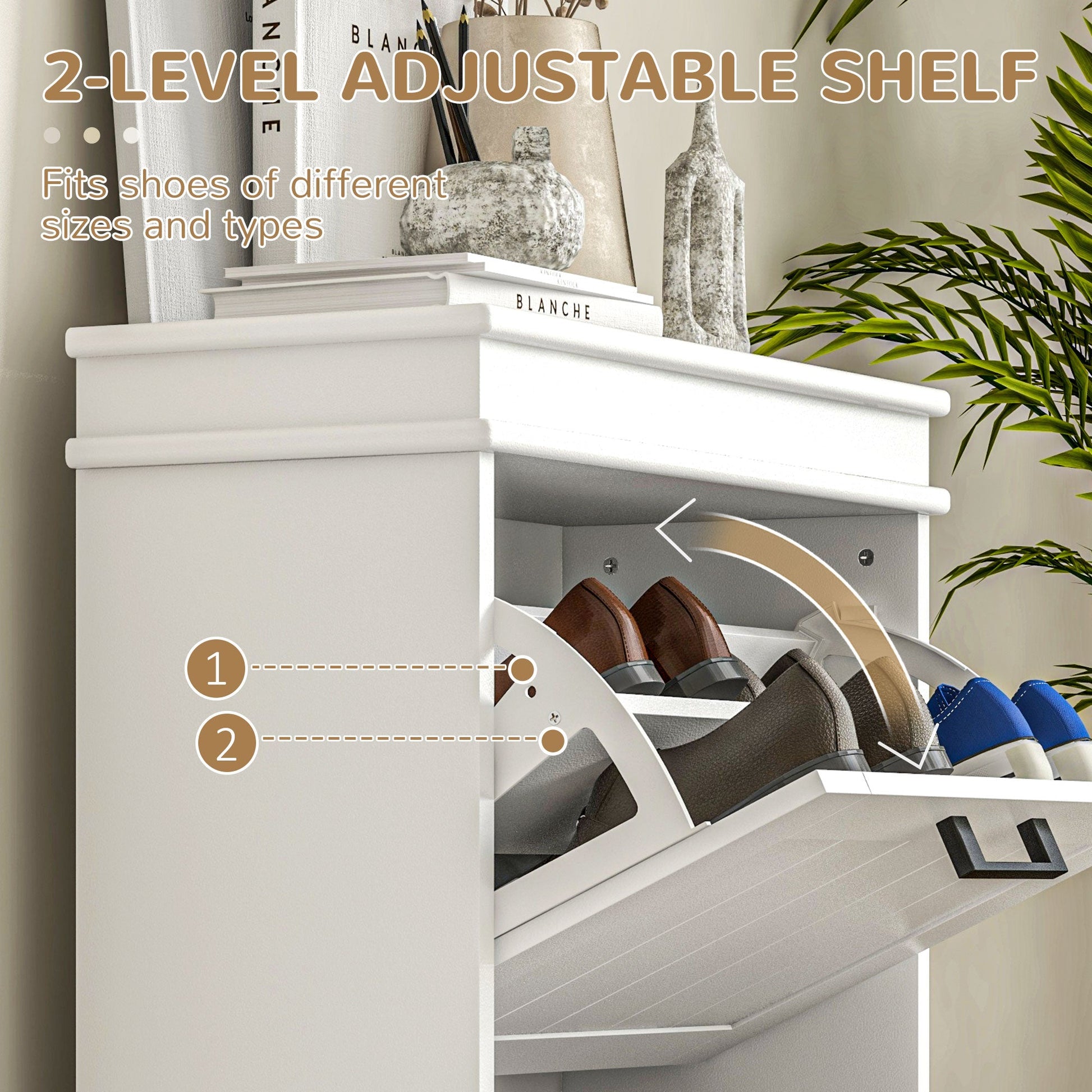 HOMCOM 2 Drawers Entryway Shoe Cabinet, Narrow Shoe Storage Cabinet with 2 Flip Drawers and Adjustable Shelves for 10 Pairs of Shoes, White