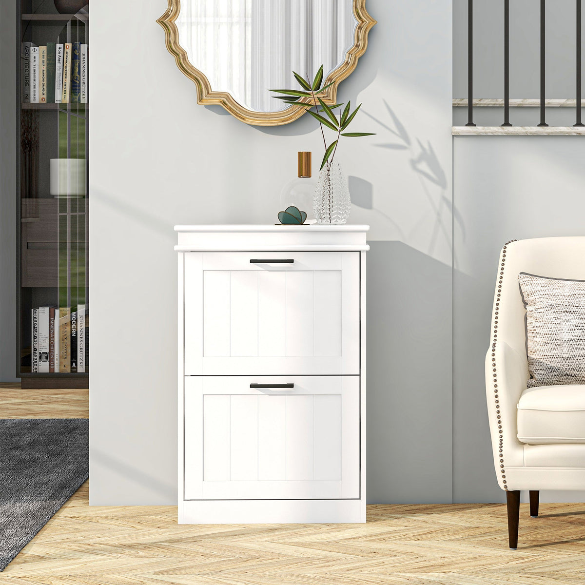 HOMCOM 2 Drawers Entryway Shoe Cabinet, Narrow Shoe Storage Cabinet with 2 Flip Drawers and Adjustable Shelves for 10 Pairs of Shoes, White
