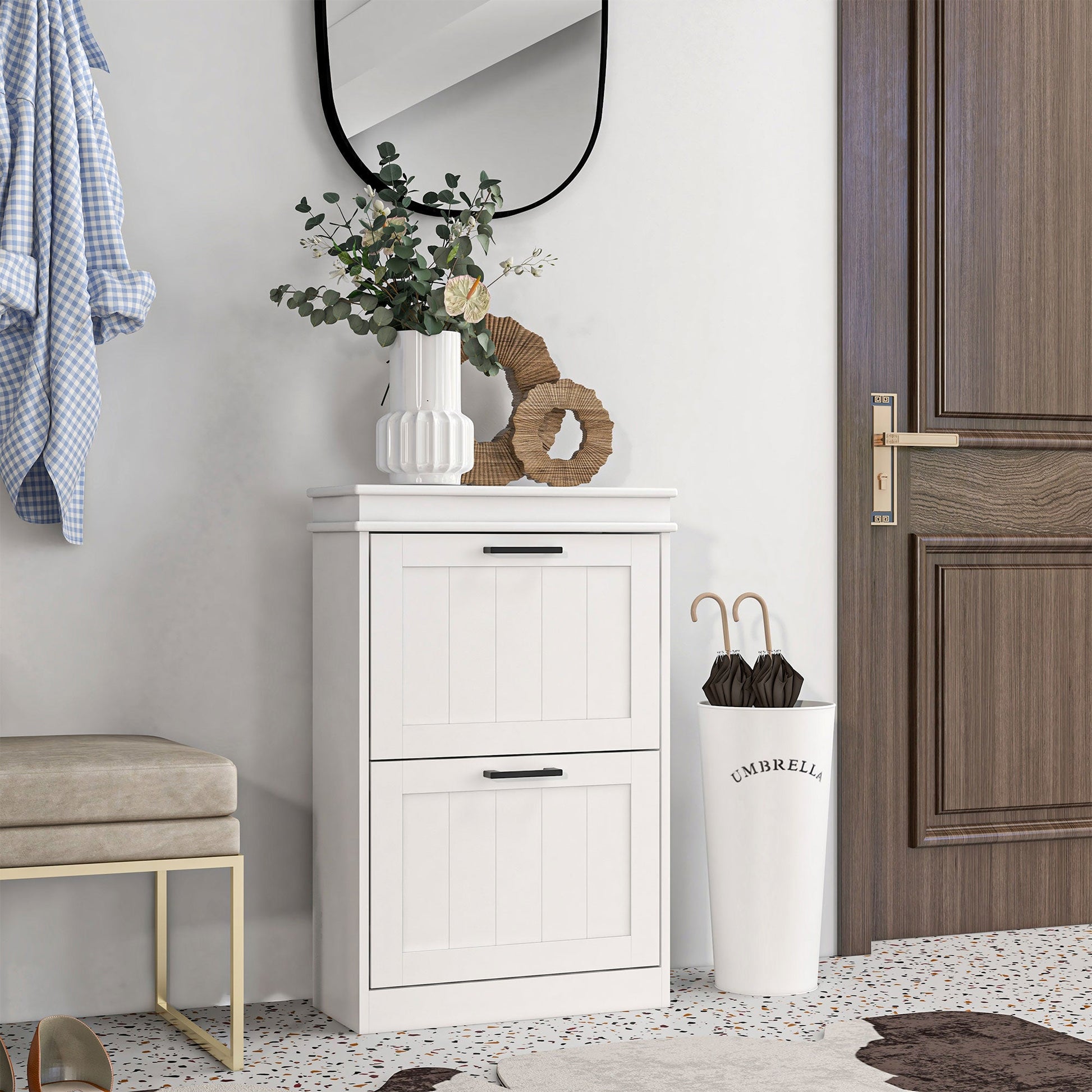 HOMCOM 2 Drawers Entryway Shoe Cabinet, Narrow Shoe Storage Cabinet with 2 Flip Drawers and Adjustable Shelves for 10 Pairs of Shoes, White