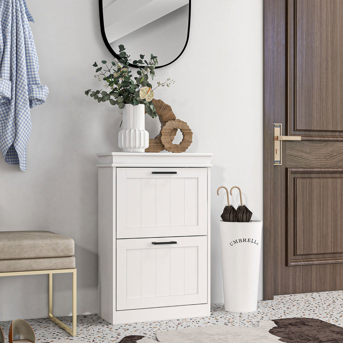 HOMCOM 2 Drawers Entryway Shoe Cabinet, Narrow Shoe Storage Cabinet with 2 Flip Drawers and Adjustable Shelves for 10 Pairs of Shoes, White