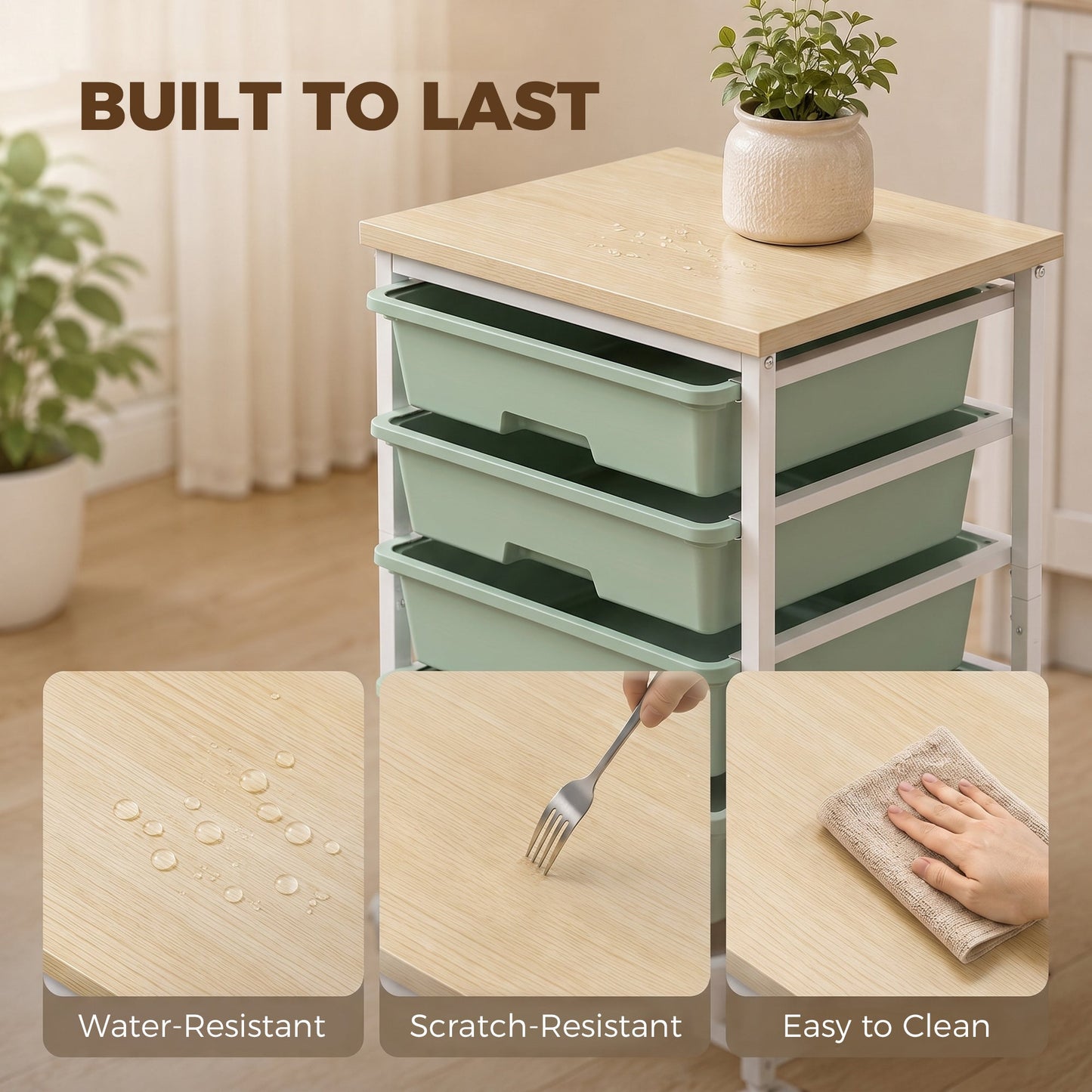 6-Tier Storage Trolley on Wheels, Metal Kitchen Rolling Cart with 5 Pull-Out Drawers, Kitchen Storage Rack for Living Room, Dining Room, Bedroom, Bathroom, Green
