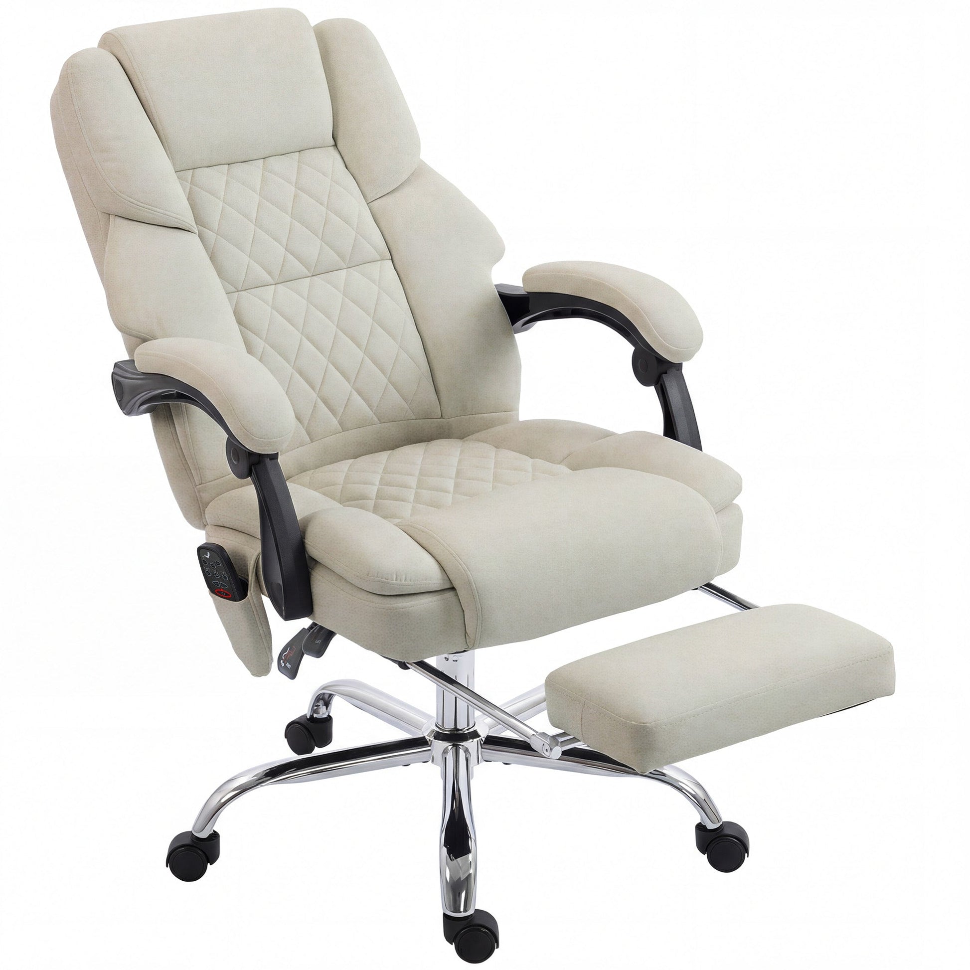 Office Chair with 6-point Vibration Massage and Heat, Velvet-feel Fabric Desk Chair with Footrest, Linkage Armrests, High Back, Adjustable Height, 135° Reclining for Home Office, Cream White