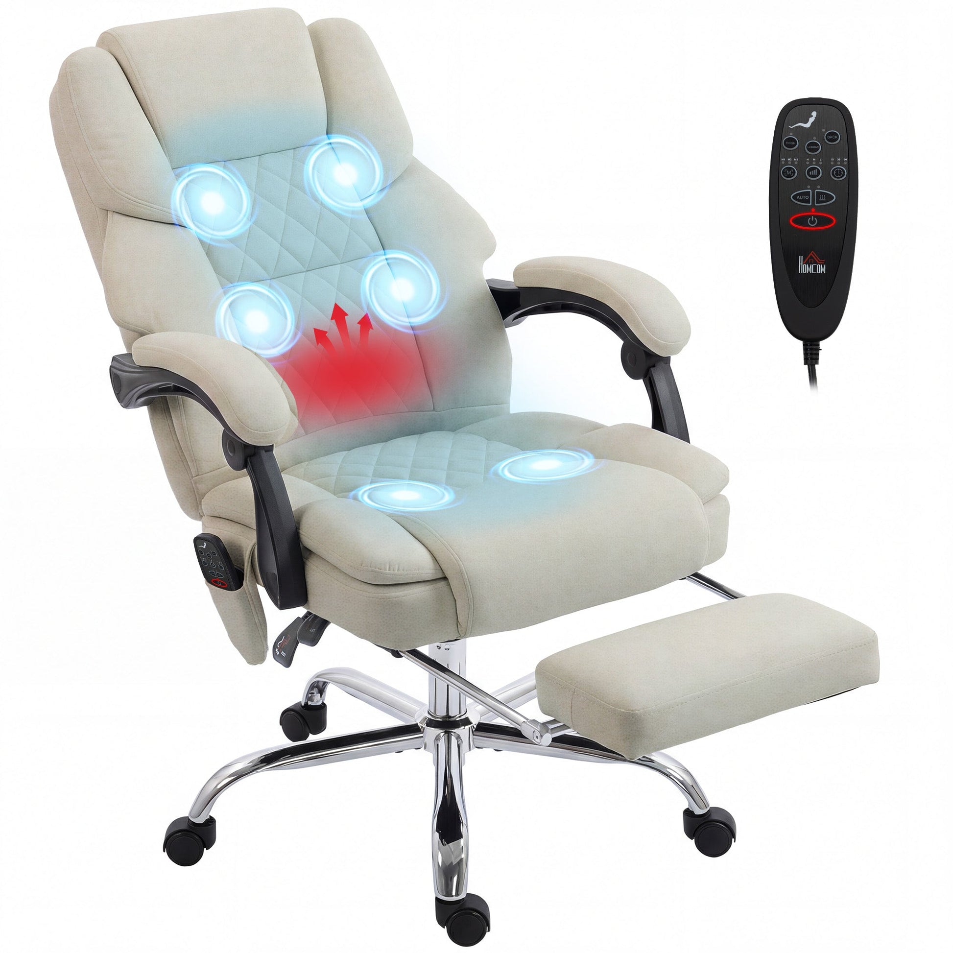 Office Chair with 6-point Vibration Massage and Heat, Velvet-feel Fabric Desk Chair with Footrest, Linkage Armrests, High Back, Adjustable Height, 135° Reclining for Home Office, Cream White