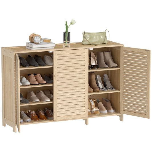 Bamboo Shoe Cabinet with Louvered Doors, Shoe Storage Cabinet with Adjustable Shelves, 18 Pairs Footwear Cupboard for Hallway, Entryway, 120 x 35 x 80 cm, Natural Wood Finish