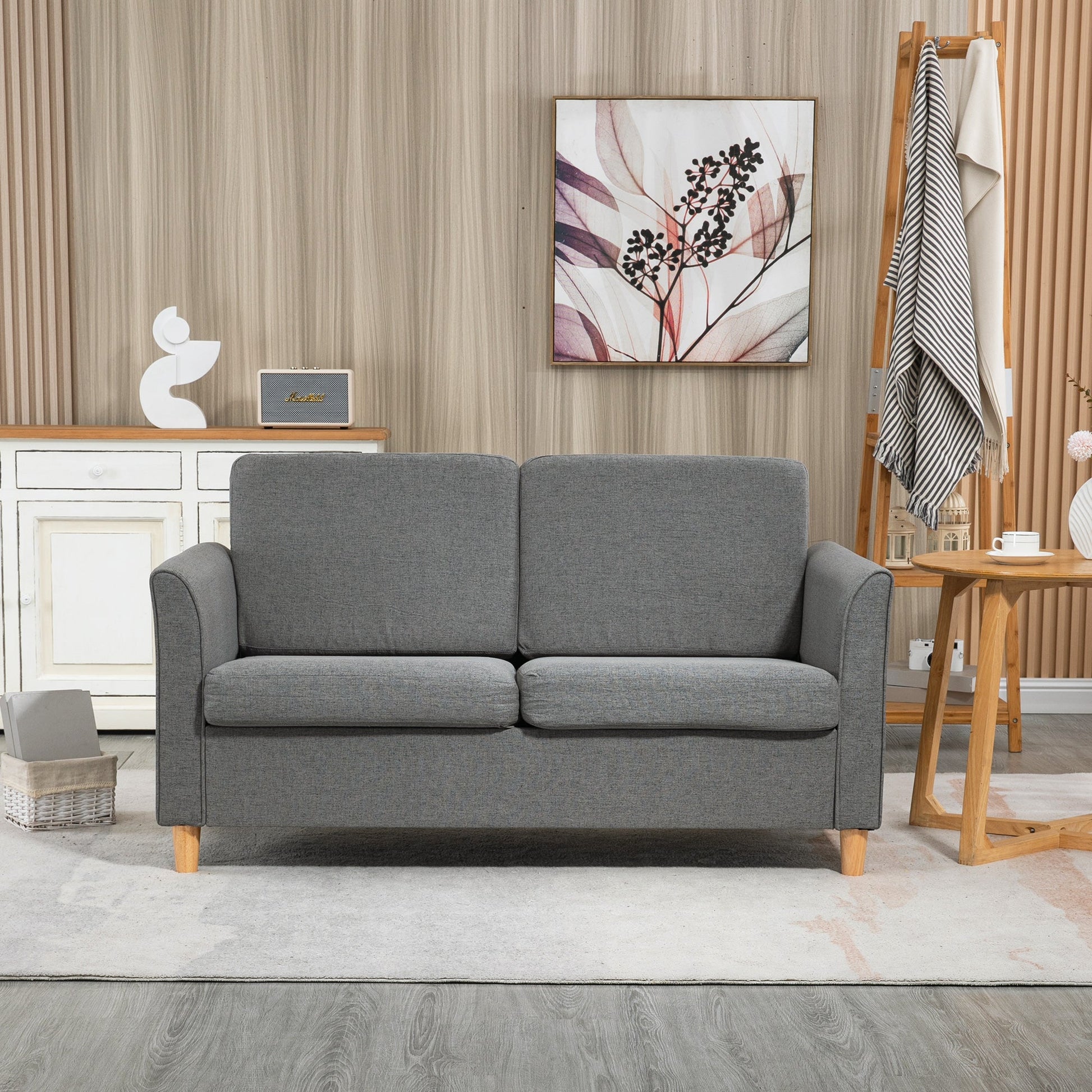 HOMCOM 2 Seater Sofa, Compact Loveseat, Fabric Couch with Wood Legs and Armrest, for Living Room and Home Office Grey