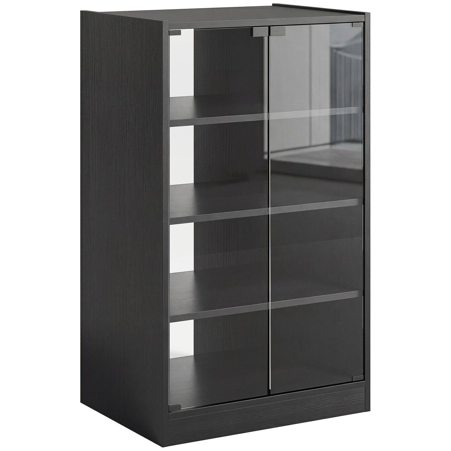 Record Player Stand with Storage, 4-Tier Hi-Fi Stand, Media Cabinet with Adjustable Shelves, Push-to-Open Glass Doors and Cable Management for Music Room and Living Room, Black Wood-Effect