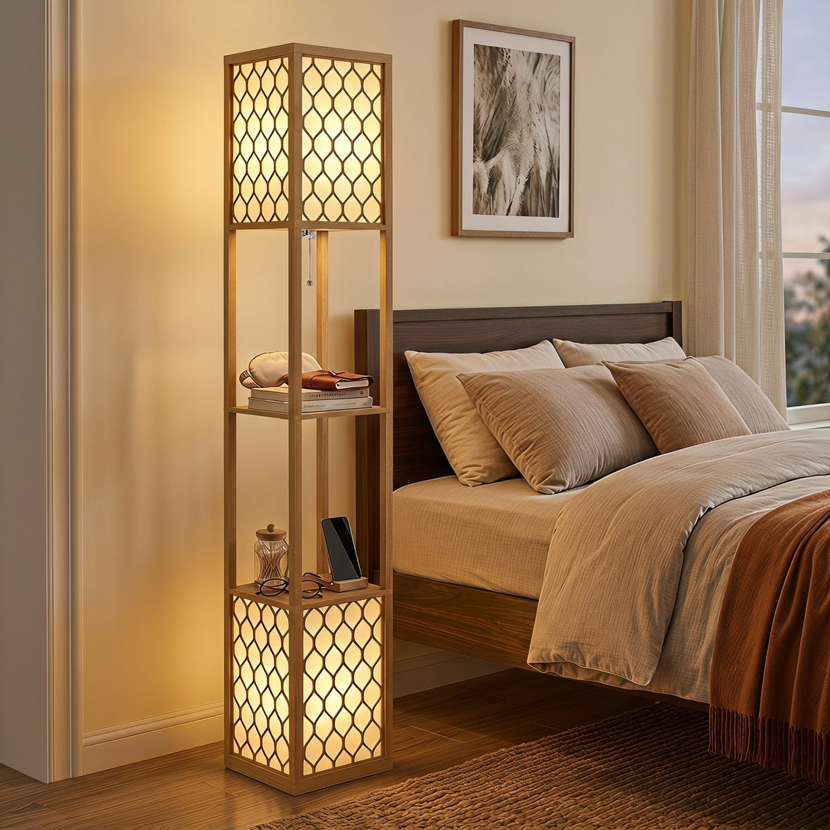 Floor Lamp with Shelves, Modern Tall Standing Lamp with Fabric Lampshades, Zipper Switch and Dual Light for Living Room and Bedroom, Bulbs Not Included, Natural Wood Finish
