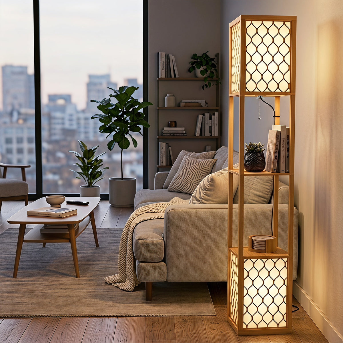 Floor Lamp with Shelves, Modern Tall Standing Lamp with Fabric Lampshades, Zipper Switch and Dual Light for Living Room and Bedroom, Bulbs Not Included, Natural Wood Finish