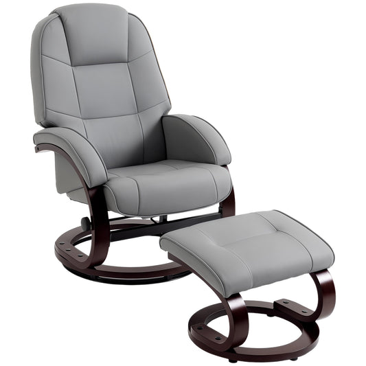 Swivel Recliner Chair with Footstool, PU Leather Recliner Armchair with High Back and Wood Frame, Reclining Chair Lounge with Padded Armrests for Living Room, Grey