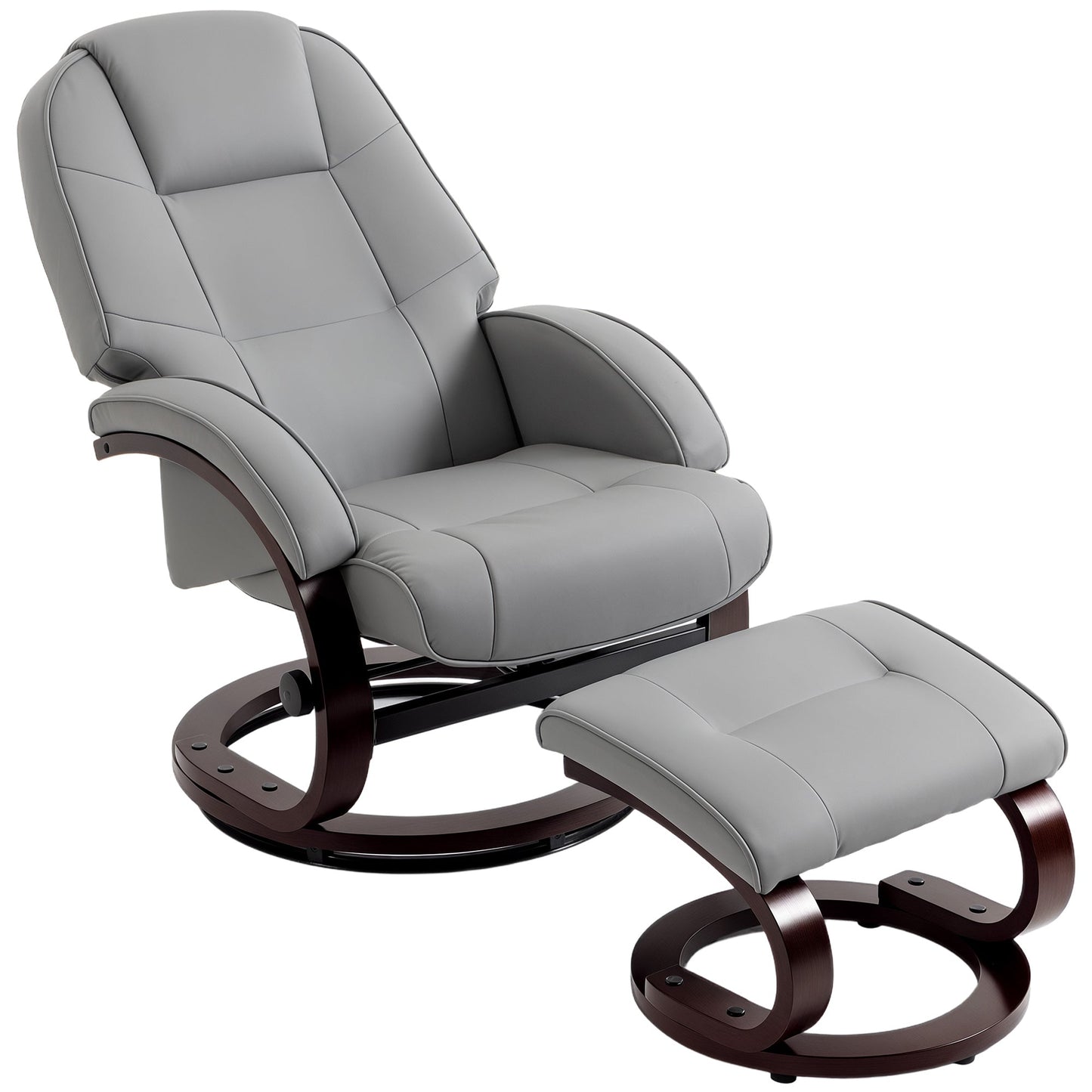 Swivel Recliner Chair with Footstool, PU Leather Recliner Armchair with High Back and Wood Frame, Reclining Chair Lounge with Padded Armrests for Living Room, Grey