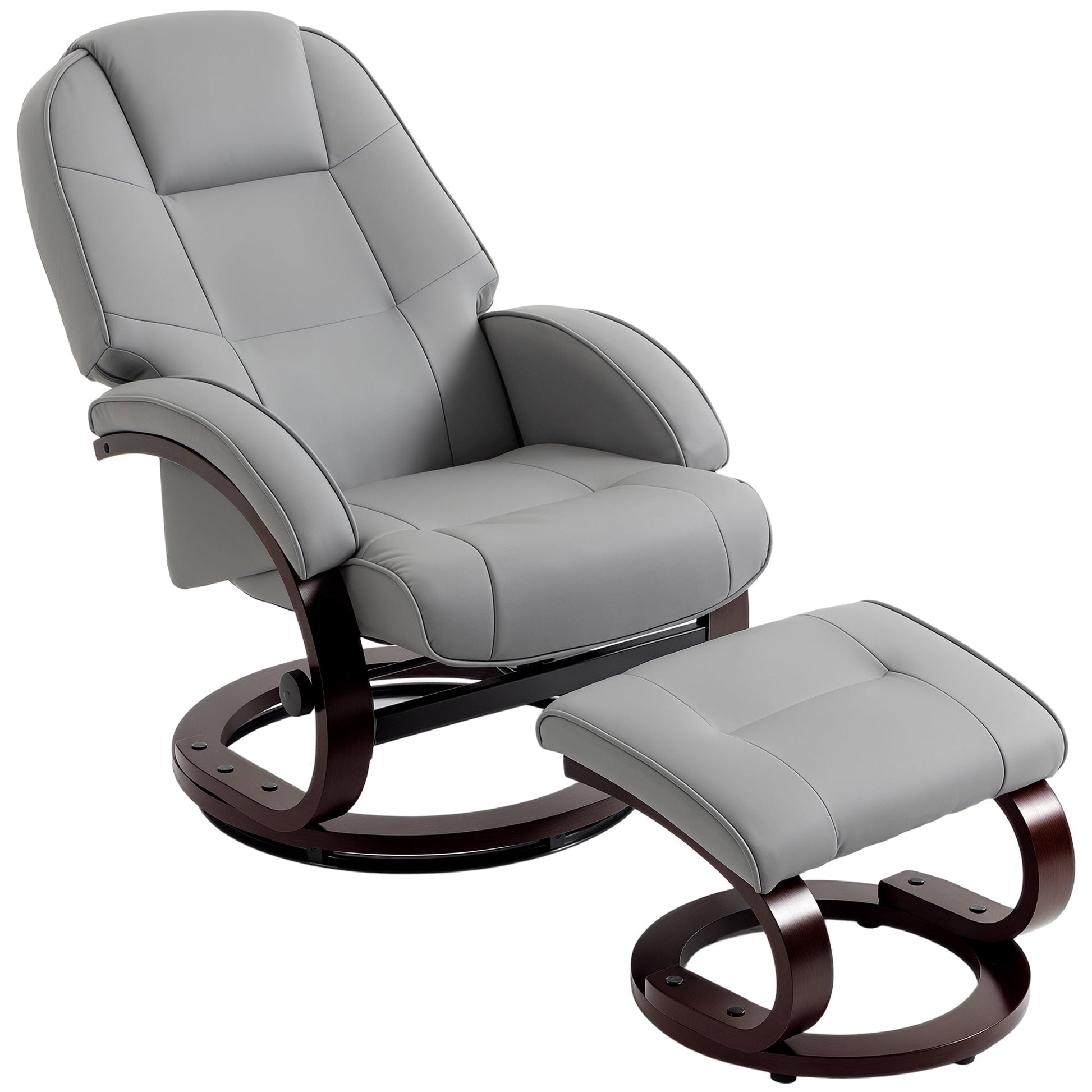 Swivel Recliner Chair with Footstool, PU Leather Recliner Armchair with High Back and Wood Frame, Reclining Chair Lounge with Padded Armrests for Living Room, Grey
