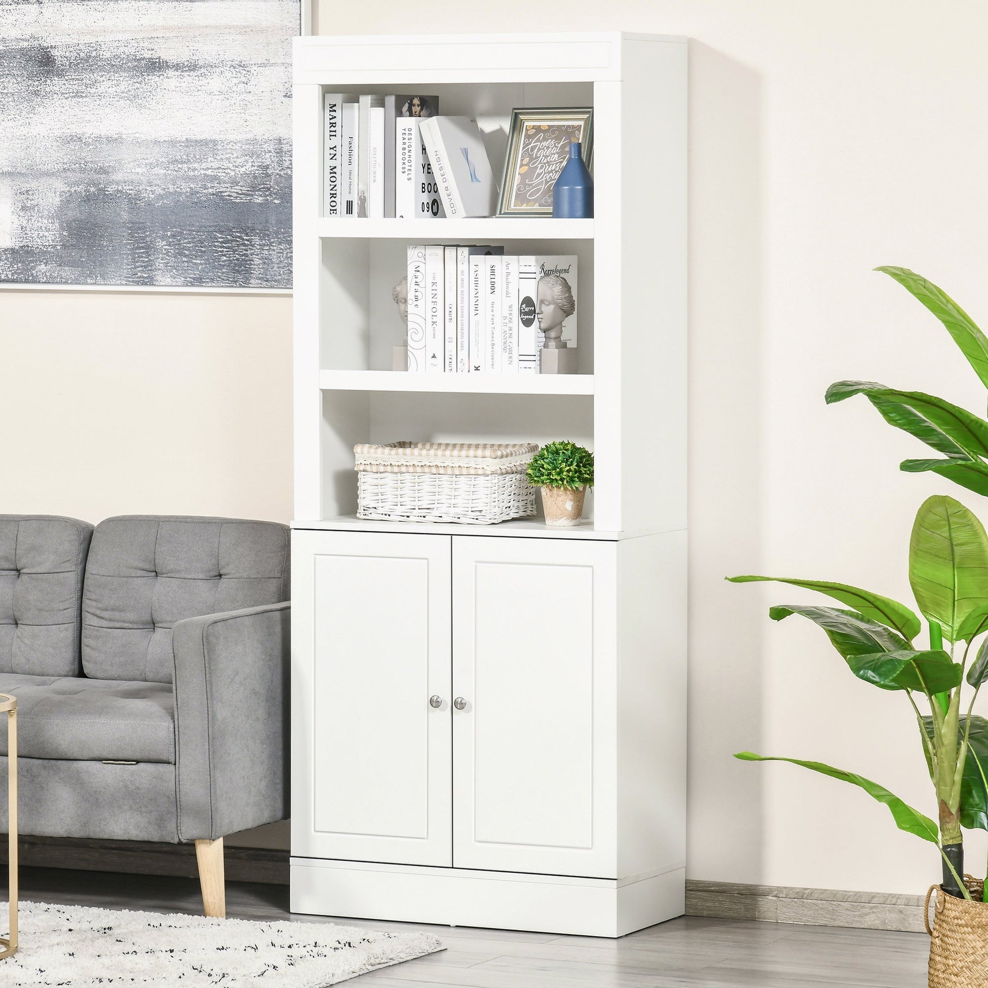 Kitchen Cupboard with 6-tier Shelving, Freestanding Storage Cabinet Sideboard, Pantry Cupboard with 3 Open Compartments and Double-door Cabinet with Adjustable Shelves, White
