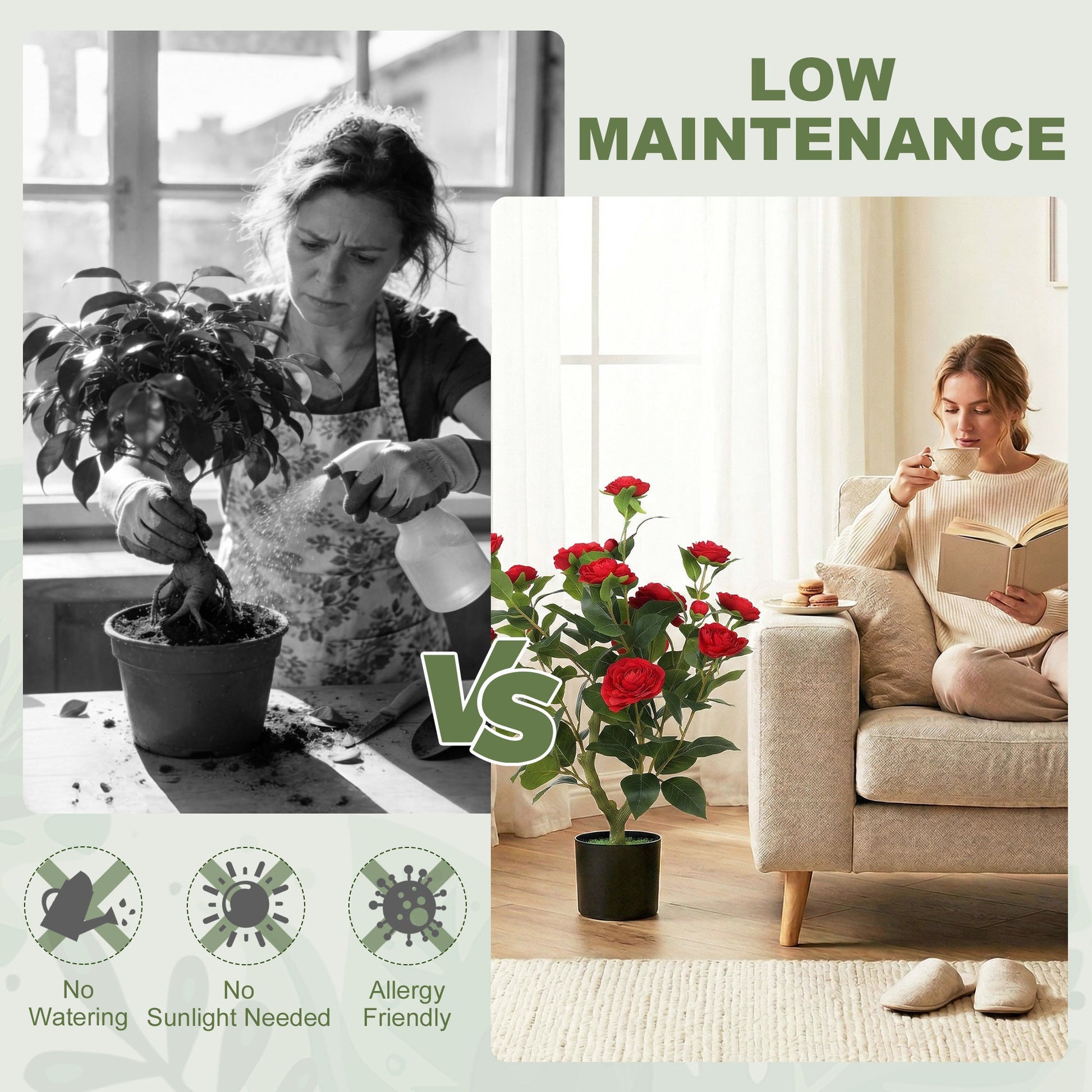 65cm Artificial Camellia Flower Plant in Pot, Realistic Silk Flowers with 116 Lush Leaves & Moss Effect, Faux Tree for Outdoor Indoor Garden Porch Decor, Red