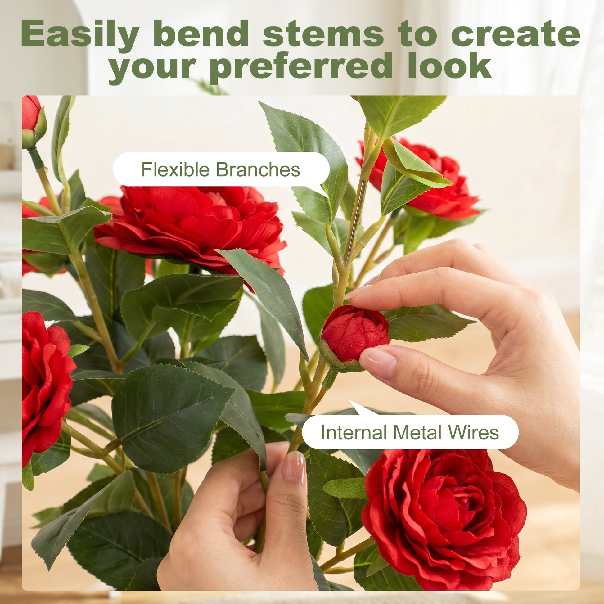 65cm Artificial Camellia Flower Plant in Pot, Realistic Silk Flowers with 116 Lush Leaves & Moss Effect, Faux Tree for Outdoor Indoor Garden Porch Decor, Red