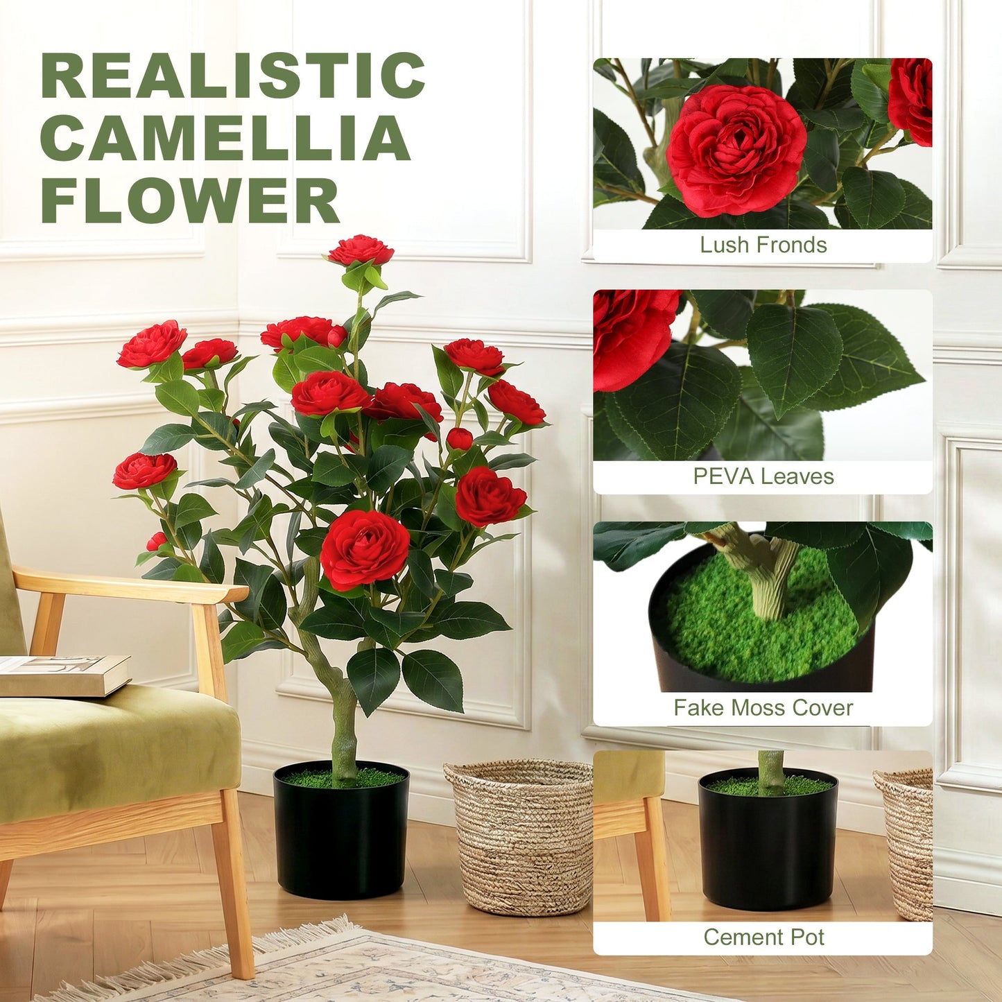 65cm Artificial Camellia Flower Plant in Pot, Realistic Silk Flowers with 116 Lush Leaves & Moss Effect, Faux Tree for Outdoor Indoor Garden Porch Decor, Red