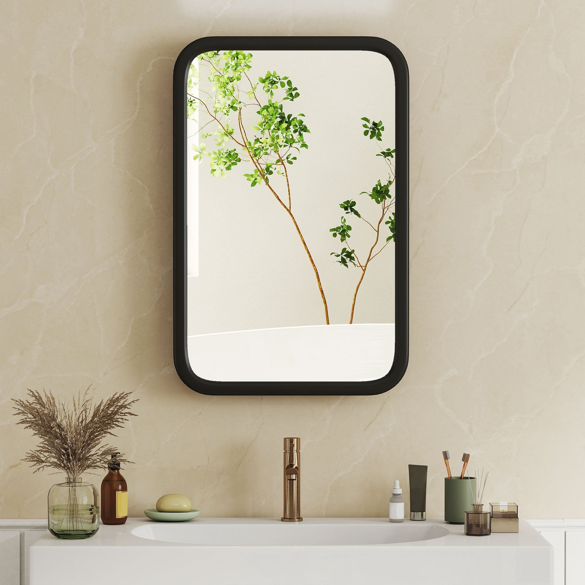 Bathroom Medicine Cabinet with Tempered Mirror, Metal Bathroom Mirror Cabinet Wall Mounted with 3 Shelves and 180° Swing Door for Hallway or Bathroom, Black