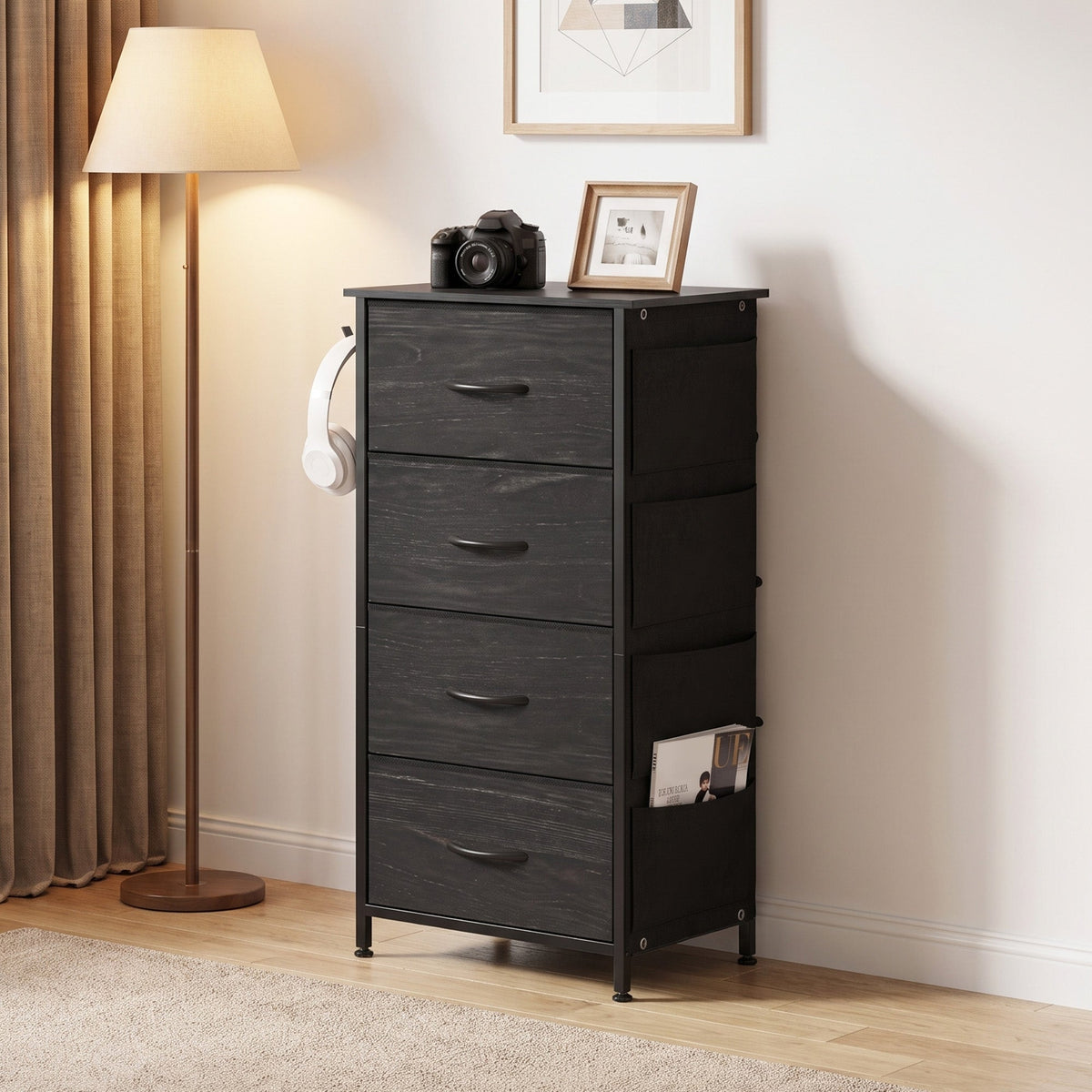 Chest of Drawers, Dresser for Bedroom with 4 Fabric Drawers, Tall Storage Unit with 4 Pockets, 2 Hooks and Steel Frame for Living Room, Hallway, Black