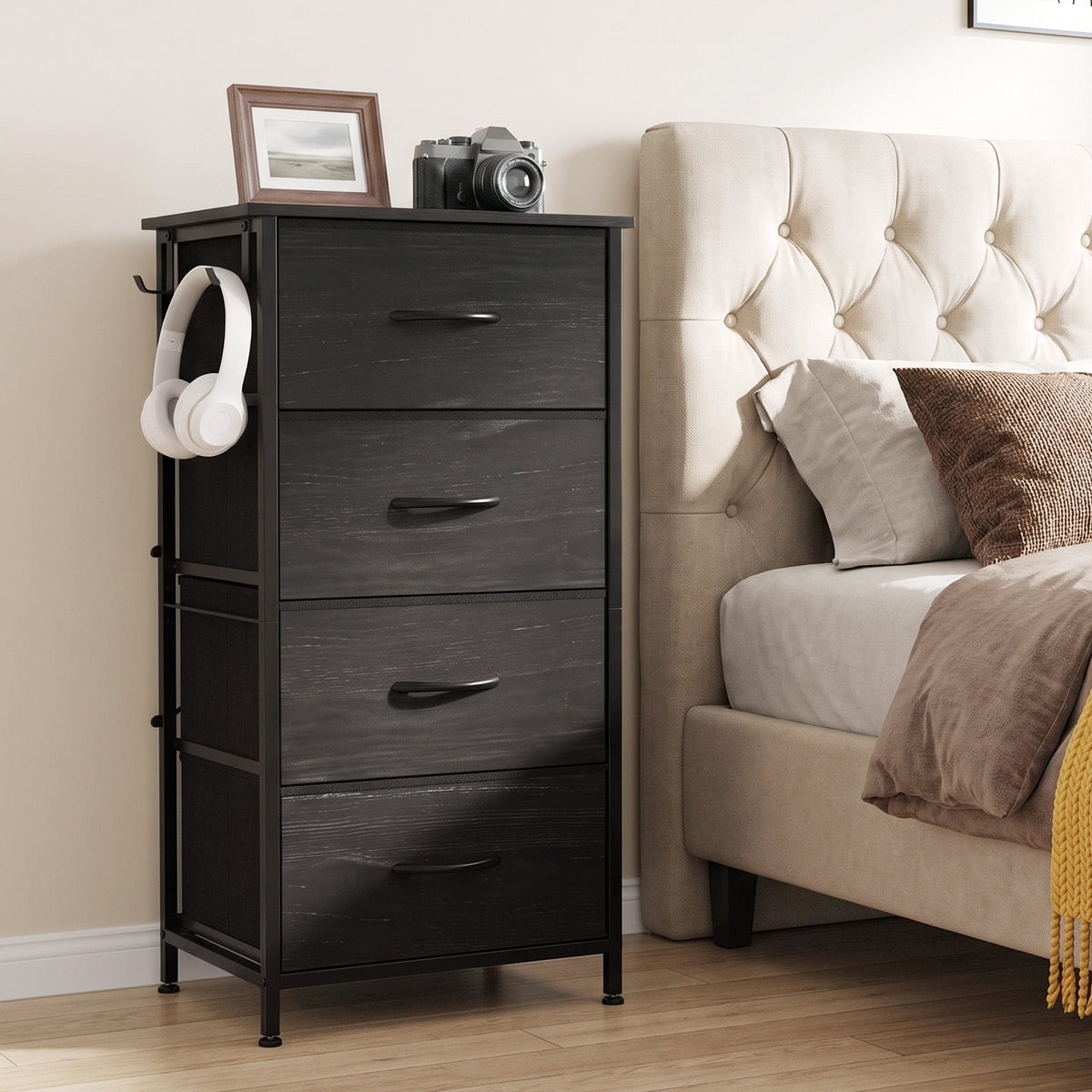 Chest of Drawers, Dresser for Bedroom with 4 Fabric Drawers, Tall Storage Unit with 4 Pockets, 2 Hooks and Steel Frame for Living Room, Hallway, Black