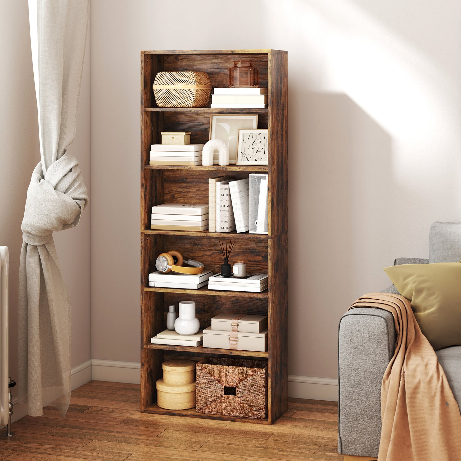 6 Tier Bookshelf, Freestanding Bookcase with Adjustable Shelves, Display Storage Unit for Living Room, Bedroom, Study, 60 x 24 x 158.5 cm, Rustic Brown