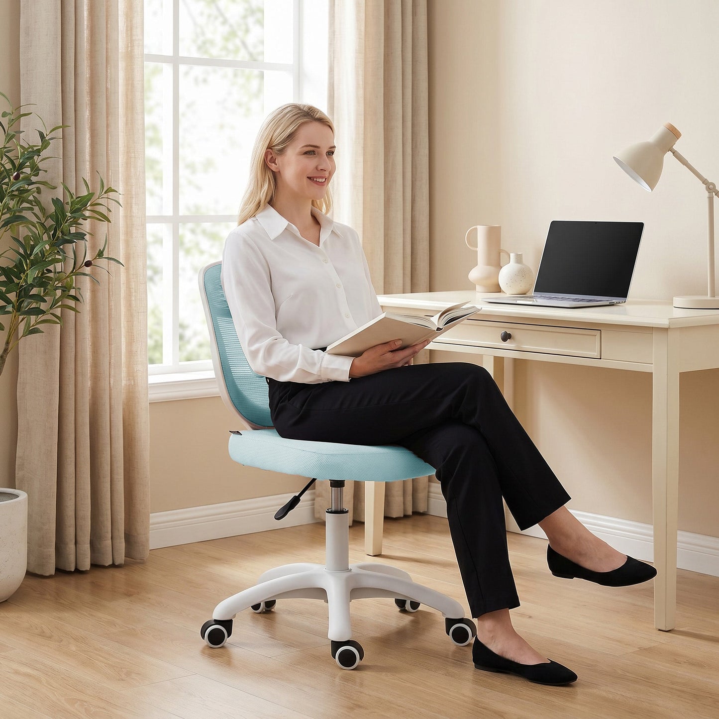 Ergonomic Office Chair, Armless Computer Desk Chair with Breathable Mesh Back, Padded Seat and Swivel Wheels, Adjustable Height for Home Office Study Bedroom, Light Blue
