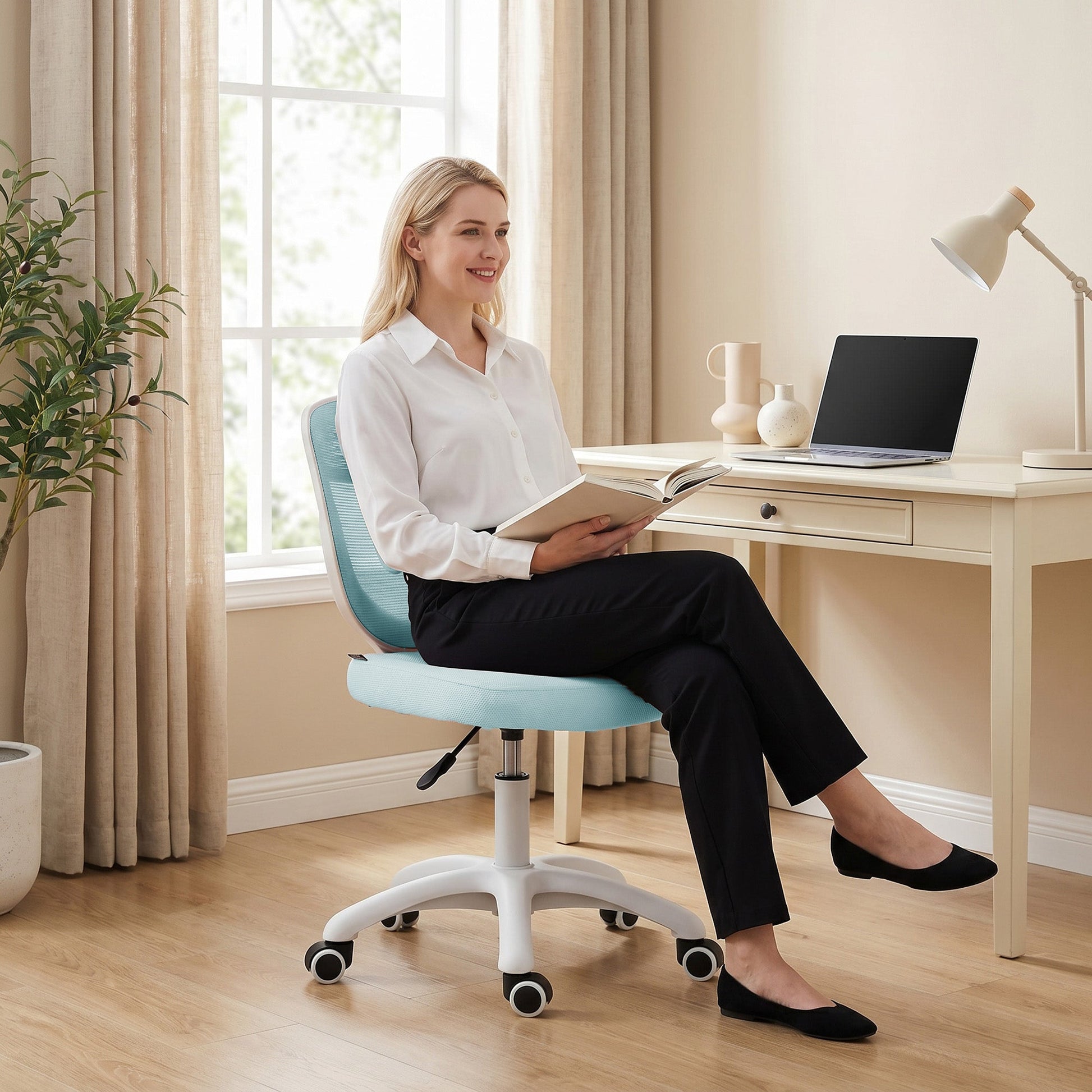 Ergonomic Office Chair, Armless Computer Desk Chair with Breathable Mesh Back, Padded Seat and Swivel Wheels, Adjustable Height for Home Office Study Bedroom, Light Blue