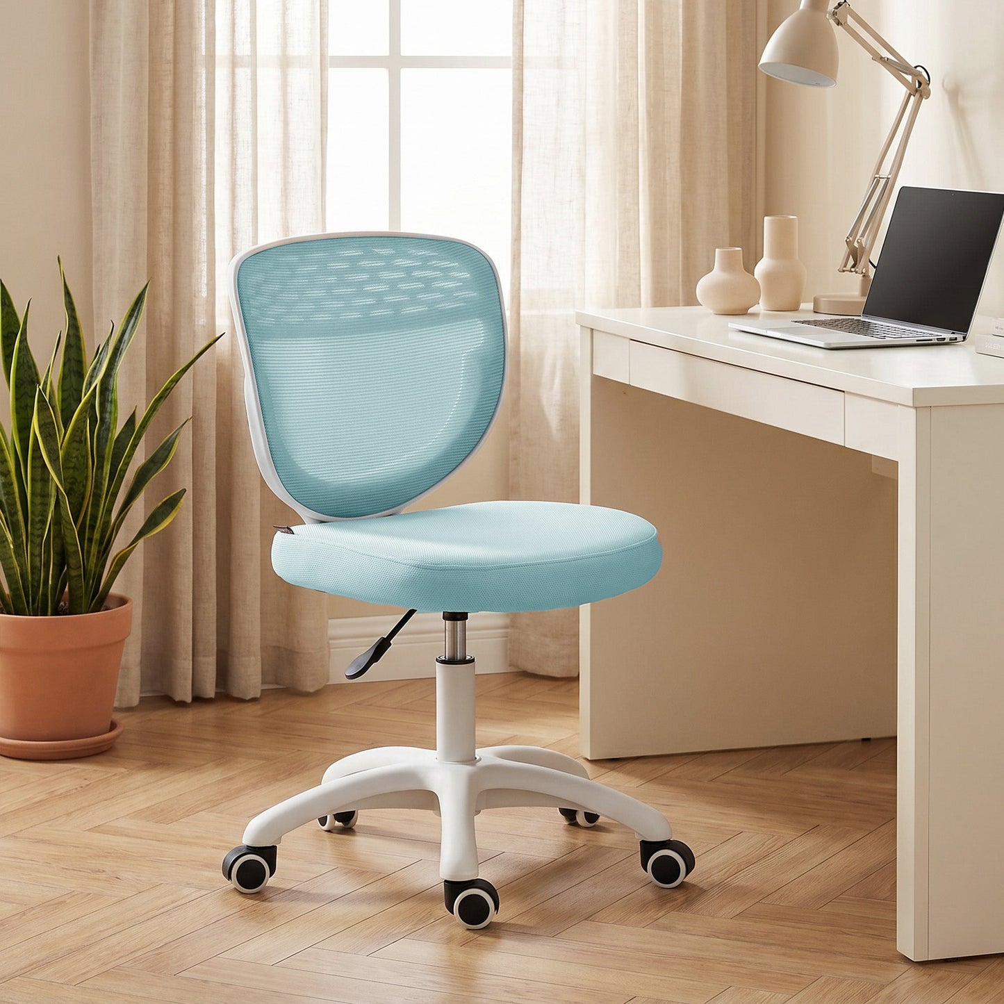 Ergonomic Office Chair, Armless Computer Desk Chair with Breathable Mesh Back, Padded Seat and Swivel Wheels, Adjustable Height for Home Office Study Bedroom, Light Blue