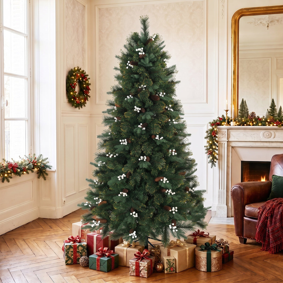 6ft/180cm Artificial Christmas Tree, Fir Hinged Xmas Tree with 716 Branch Tips, Foldable Metal Stand, Easy Assembly for Home Office Holiday Decoration, Green