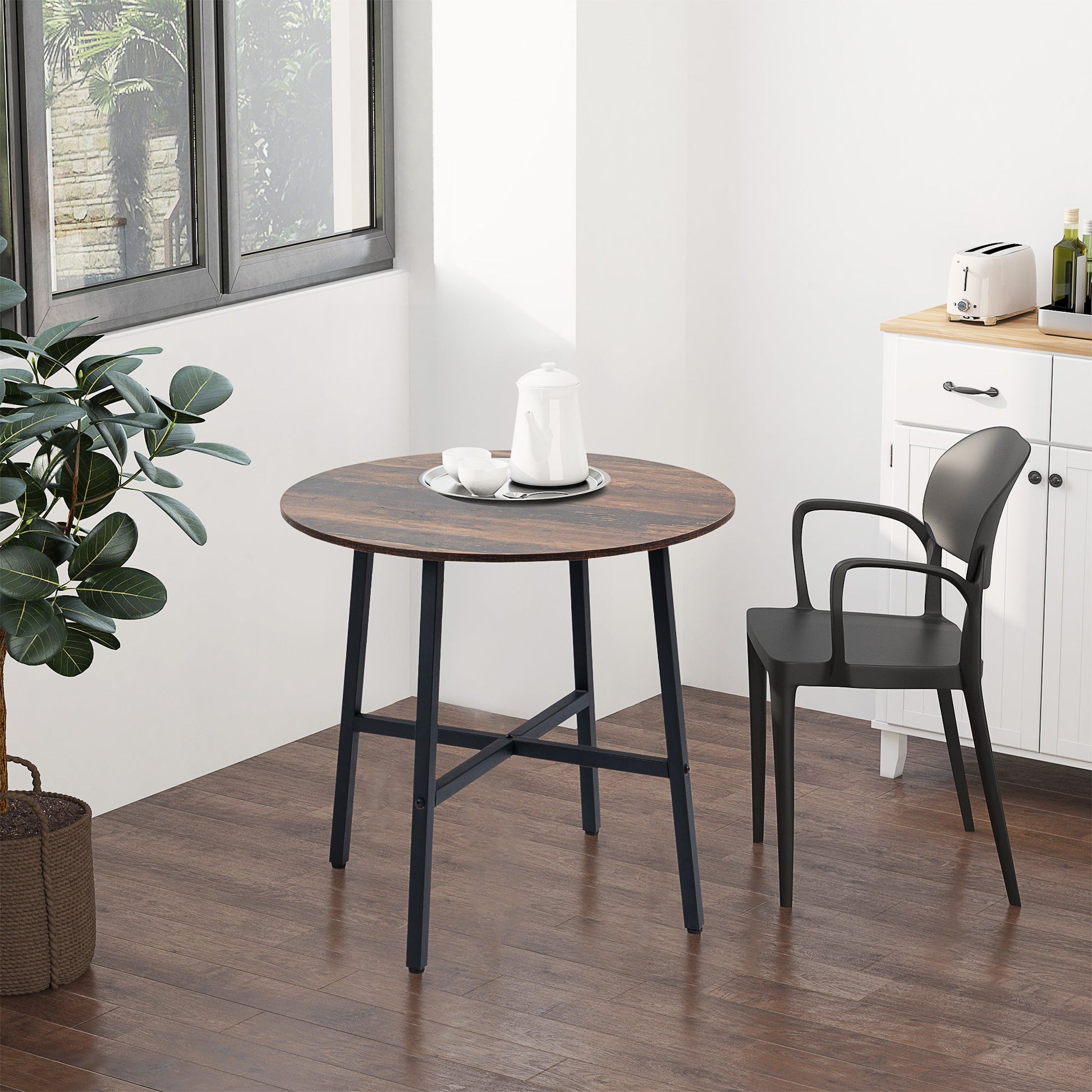 HOMCOM Industrial Style Round Dining Table for 4 People - Kitchen Table with Steel Legs for Dining Room, Living Room, 80cm Diameter, Rustic Brown
