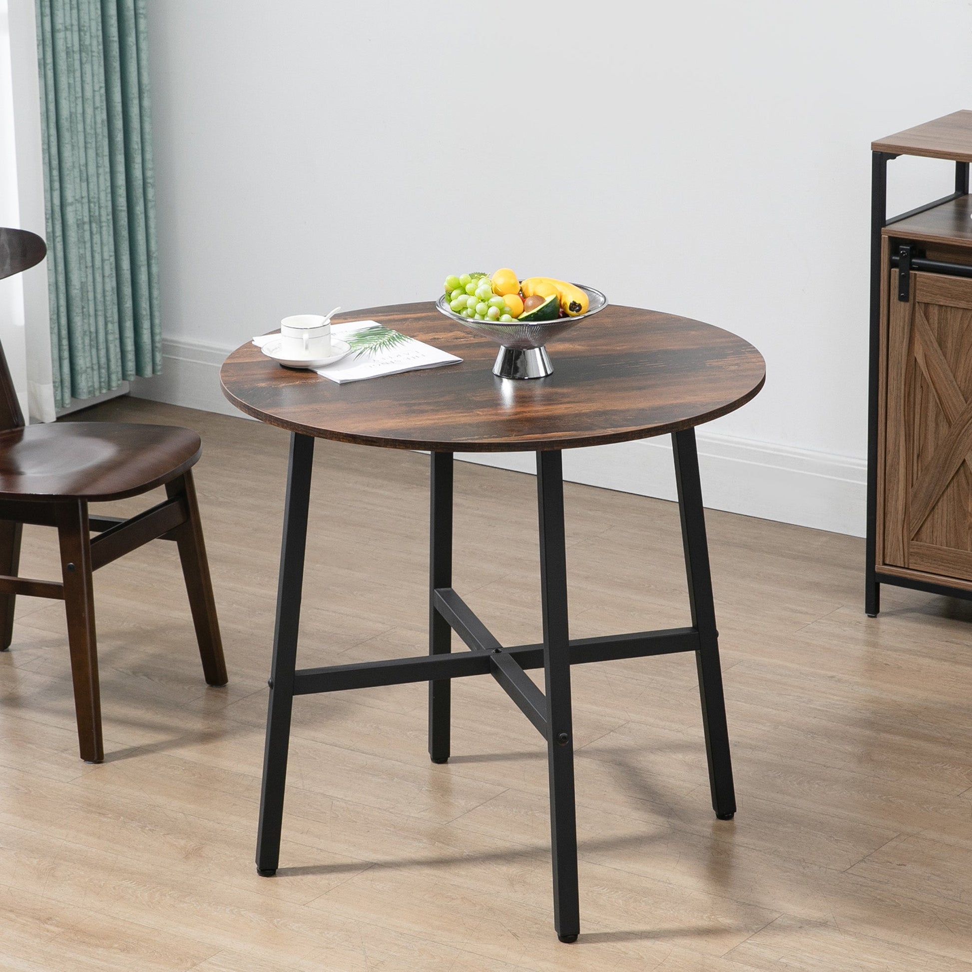 HOMCOM Industrial Style Round Dining Table for 4 People - Kitchen Table with Steel Legs for Dining Room, Living Room, 80cm Diameter, Rustic Brown