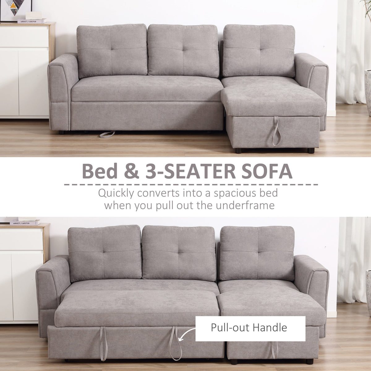 HOMCOM 3 Seater Sofa Bed, L-Shaped Corner Sofa, Pull Out Sofa with Storage, Convertible Click Clack Settee Sectional Sleeper Futon for Living Room, Office, Grey