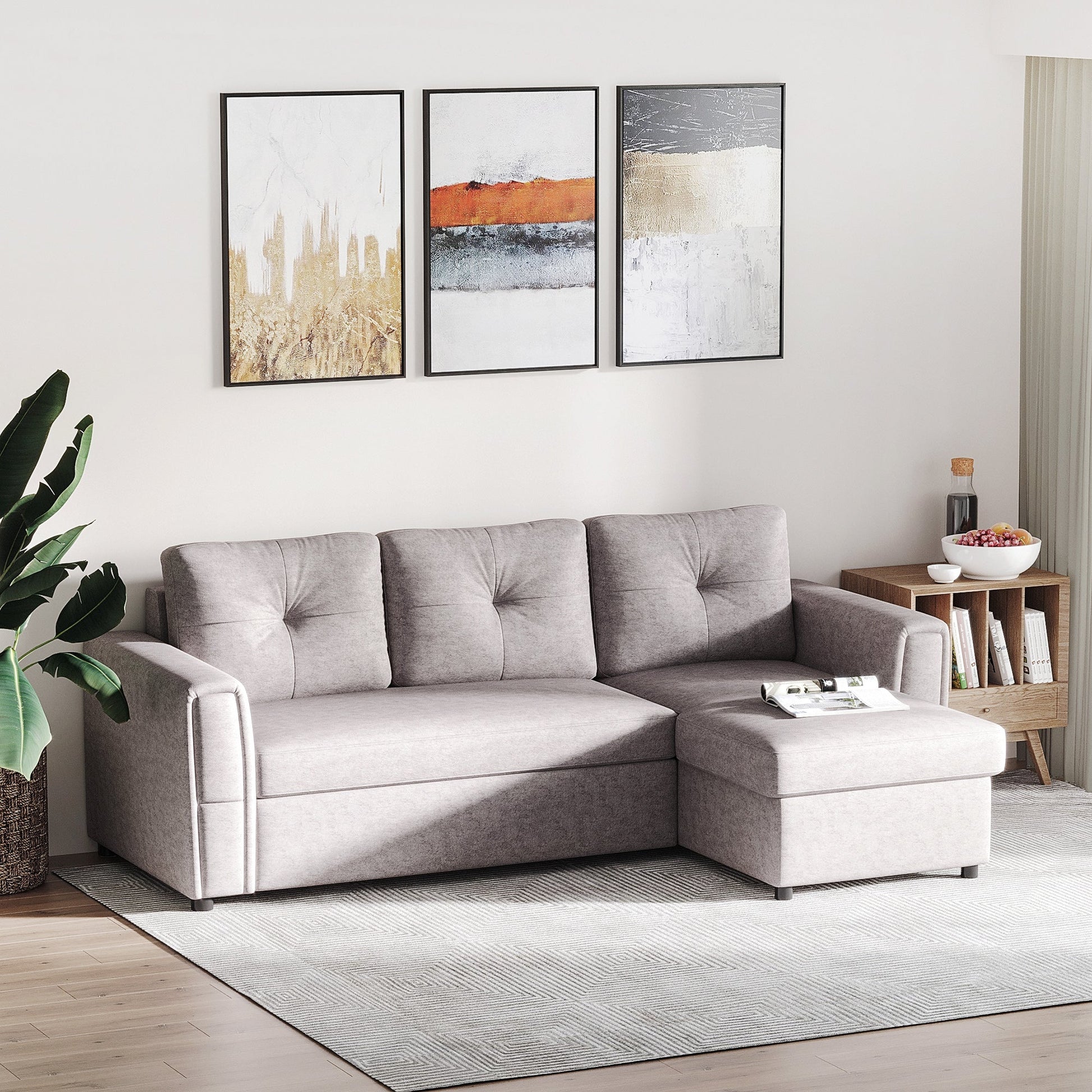 HOMCOM 3 Seater Sofa Bed, L-Shaped Corner Sofa, Pull Out Sofa with Storage, Convertible Click Clack Settee Sectional Sleeper Futon for Living Room, Office, Grey