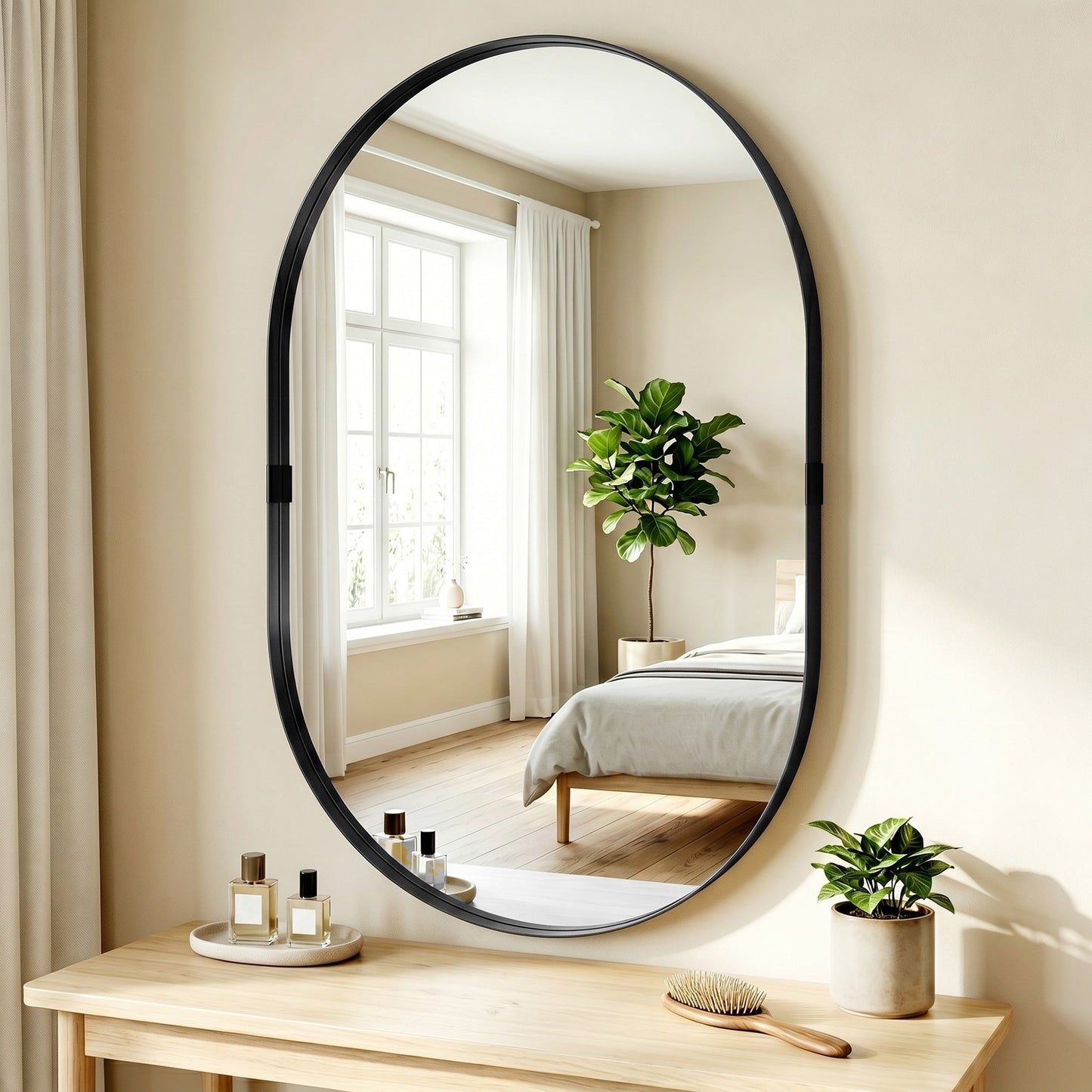 Wall Mirror with Elevated Aluminium Alloy Frame, 60 x 90 cm Bathroom Mirror with Tempered Glass for Living Room, Bedroom, Hallway, Black