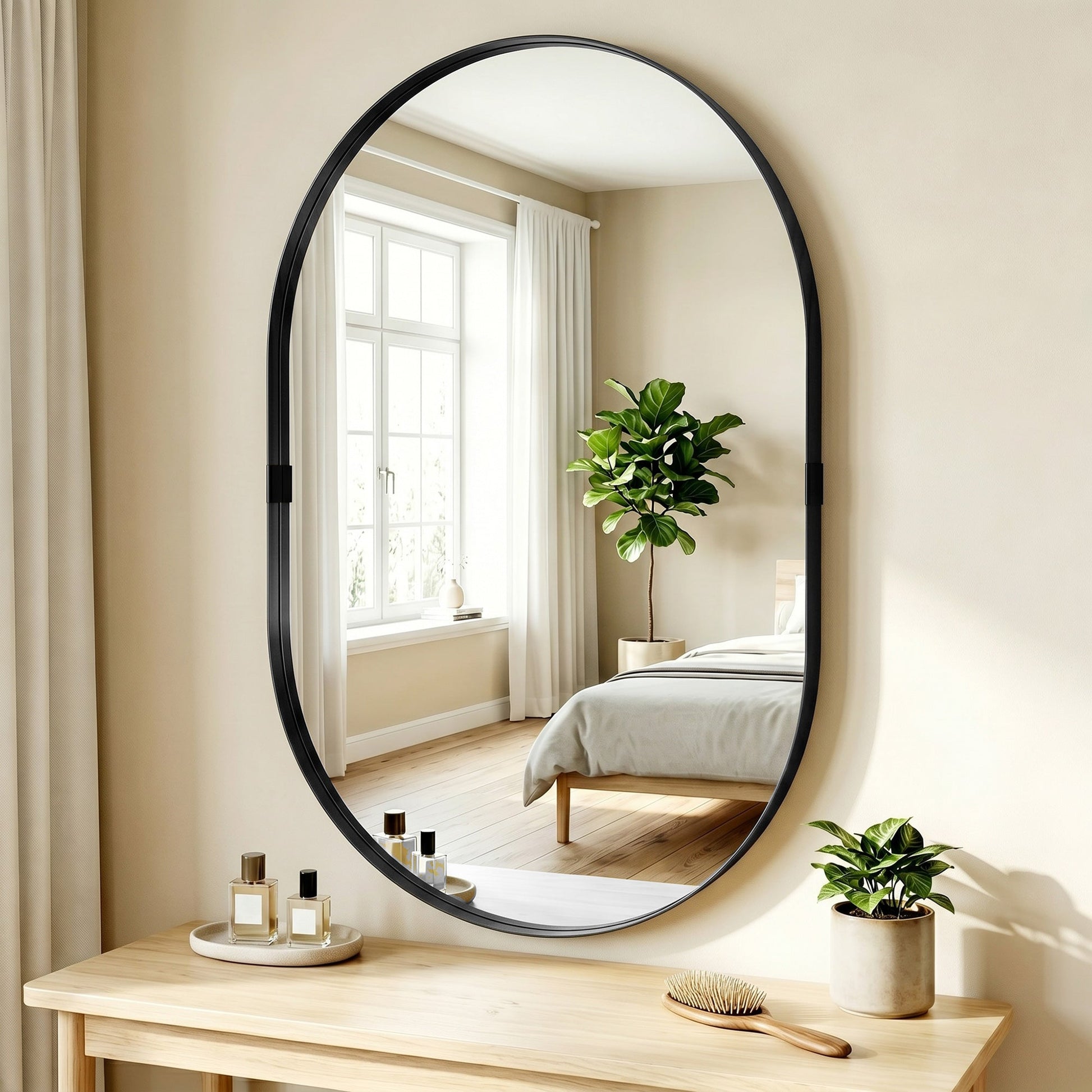 Wall Mirror with Elevated Aluminium Alloy Frame, 60 x 90 cm Bathroom Mirror with Tempered Glass for Living Room, Bedroom, Hallway, Black