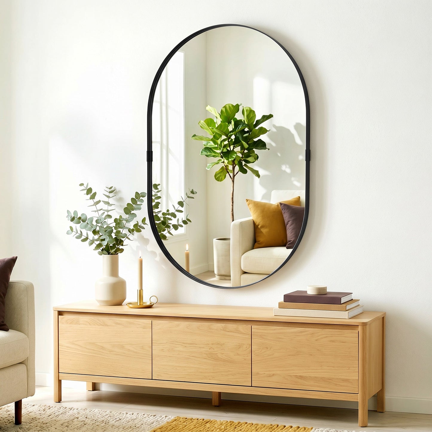 Wall Mirror with Elevated Aluminium Alloy Frame, 60 x 90 cm Bathroom Mirror with Tempered Glass for Living Room, Bedroom, Hallway, Black