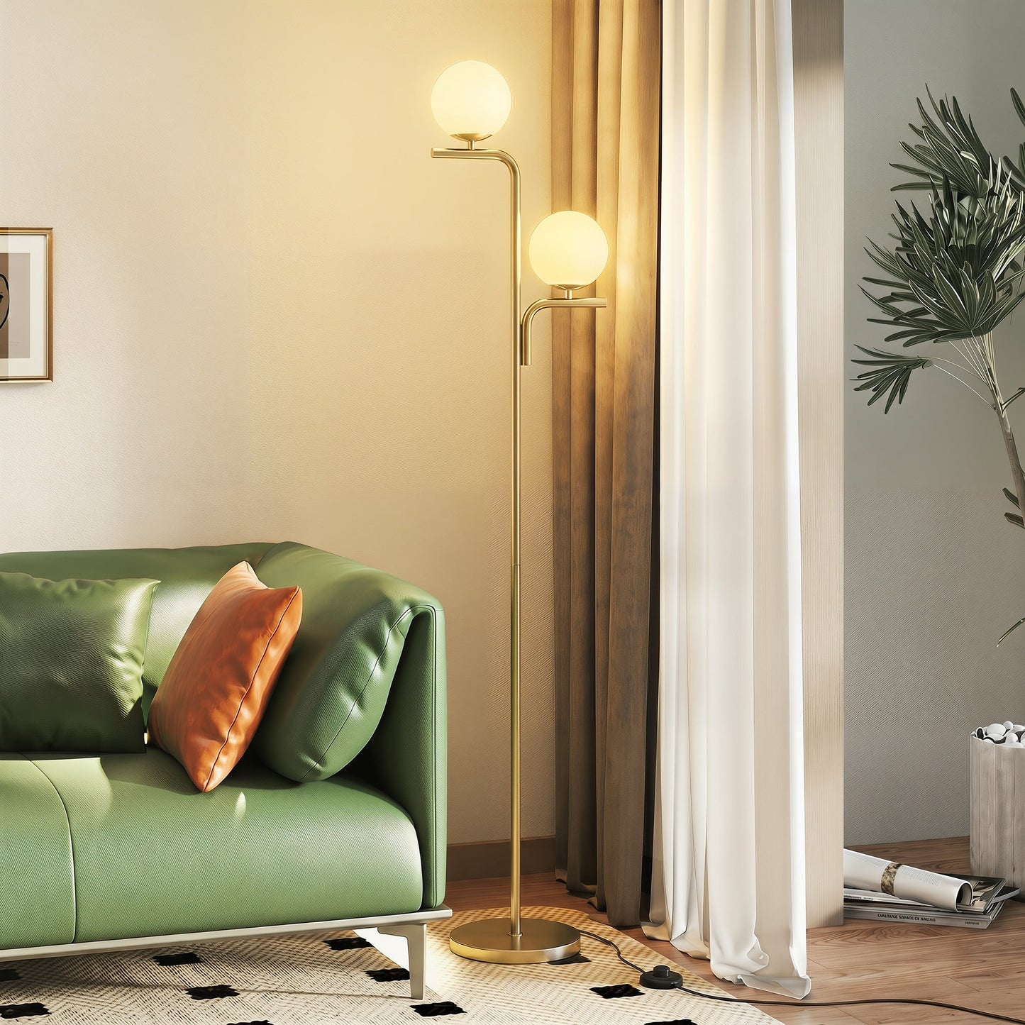 LED Floor Lamp, Modern Standing Lamp with 3 Colour Temperatures, Globe Glass Shades and Foot Switch, for Living Room Bedroom Home Office, Gold Tone