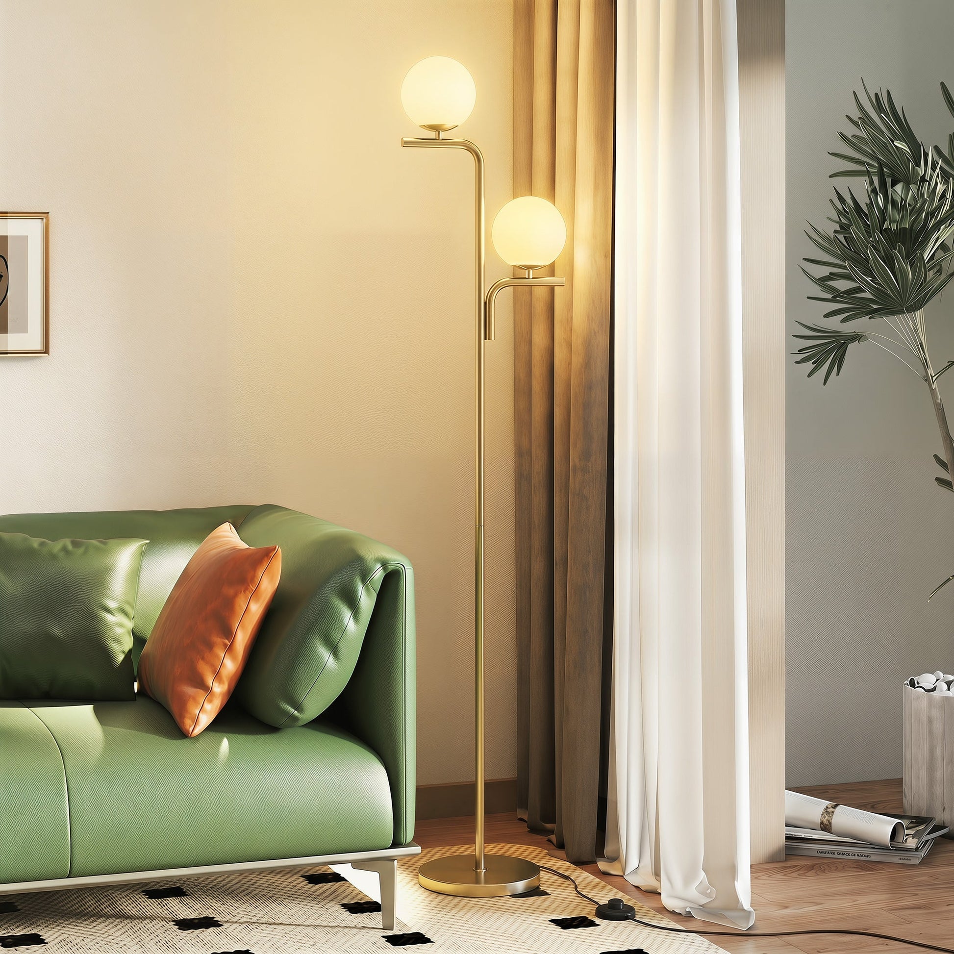 LED Floor Lamp, Modern Standing Lamp with 3 Colour Temperatures, Globe Glass Shades and Foot Switch, for Living Room Bedroom Home Office, Gold Tone