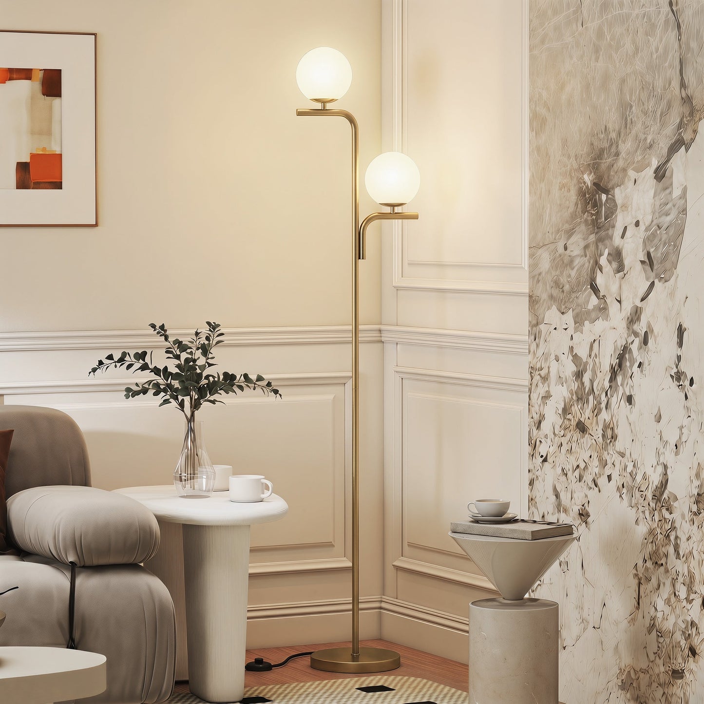 LED Floor Lamp, Modern Standing Lamp with 3 Colour Temperatures, Globe Glass Shades and Foot Switch, for Living Room Bedroom Home Office, Gold Tone