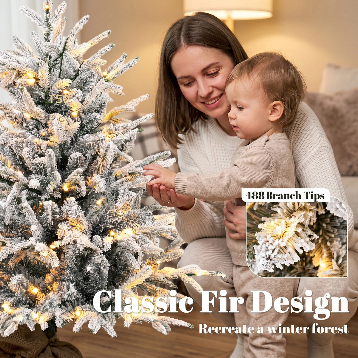 90 cm Prelit Flocked Christmas Tree, Artificial Table Christmas Tree with 70 Warm White LED Lights, 488 Tips, Base Stand, Green White