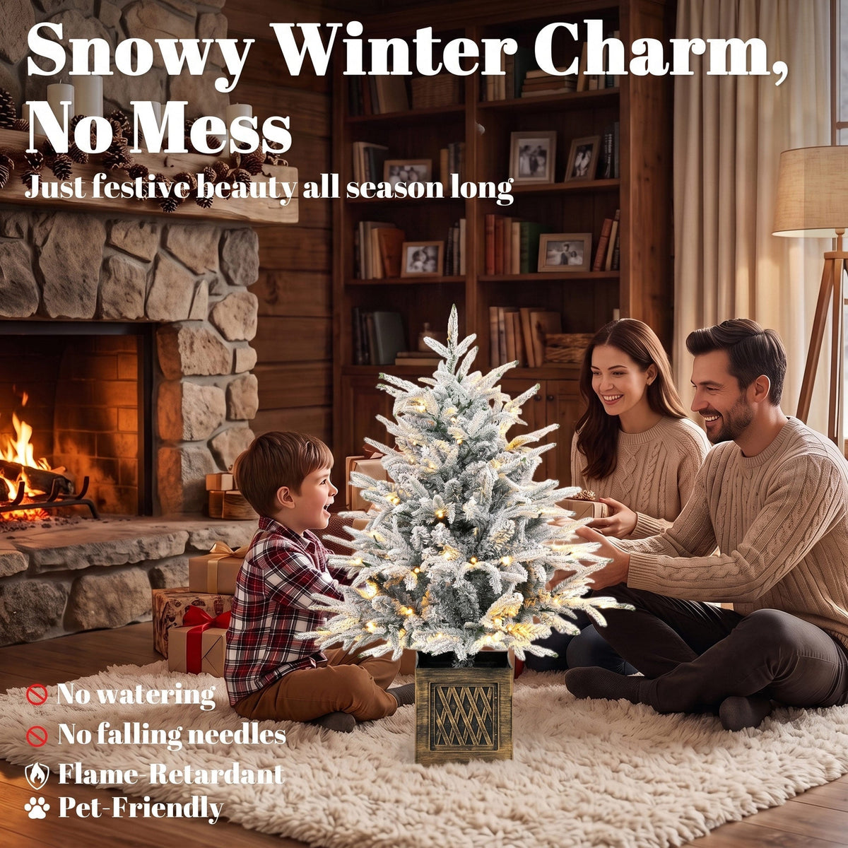 90 cm Prelit Flocked Christmas Tree, Artificial Table Christmas Tree with 70 Warm White LED Lights, 488 Tips, Base Stand, Green White