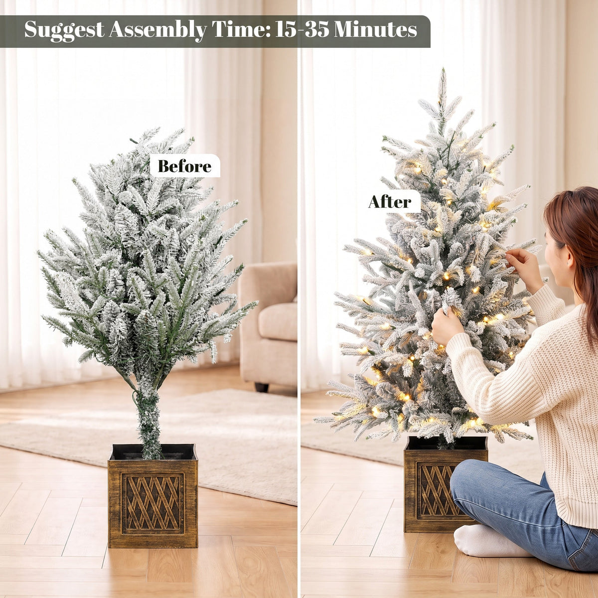90 cm Prelit Flocked Christmas Tree, Artificial Table Christmas Tree with 70 Warm White LED Lights, 488 Tips, Base Stand, Green White