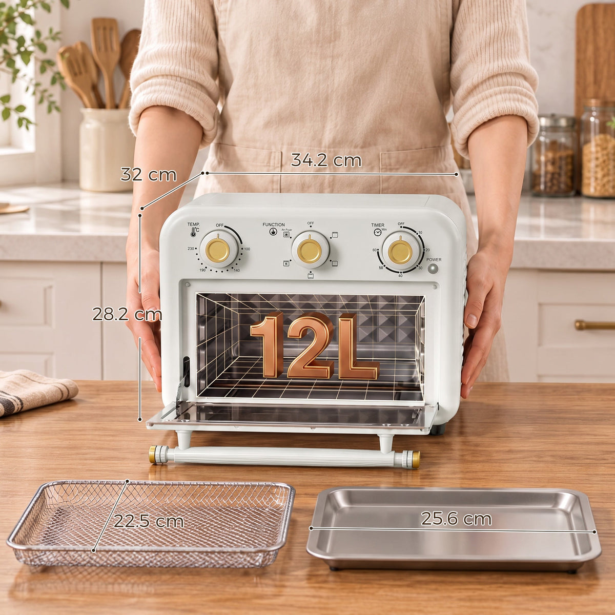 Air Fryer Oven, 12 L Small Convection Countertop Toaster Oven with Knob Controls, Baking Tray and Fry Basket, Adjustable Temperature, Timer, Dishwasher Safe, 1200W, Steel, Cream White