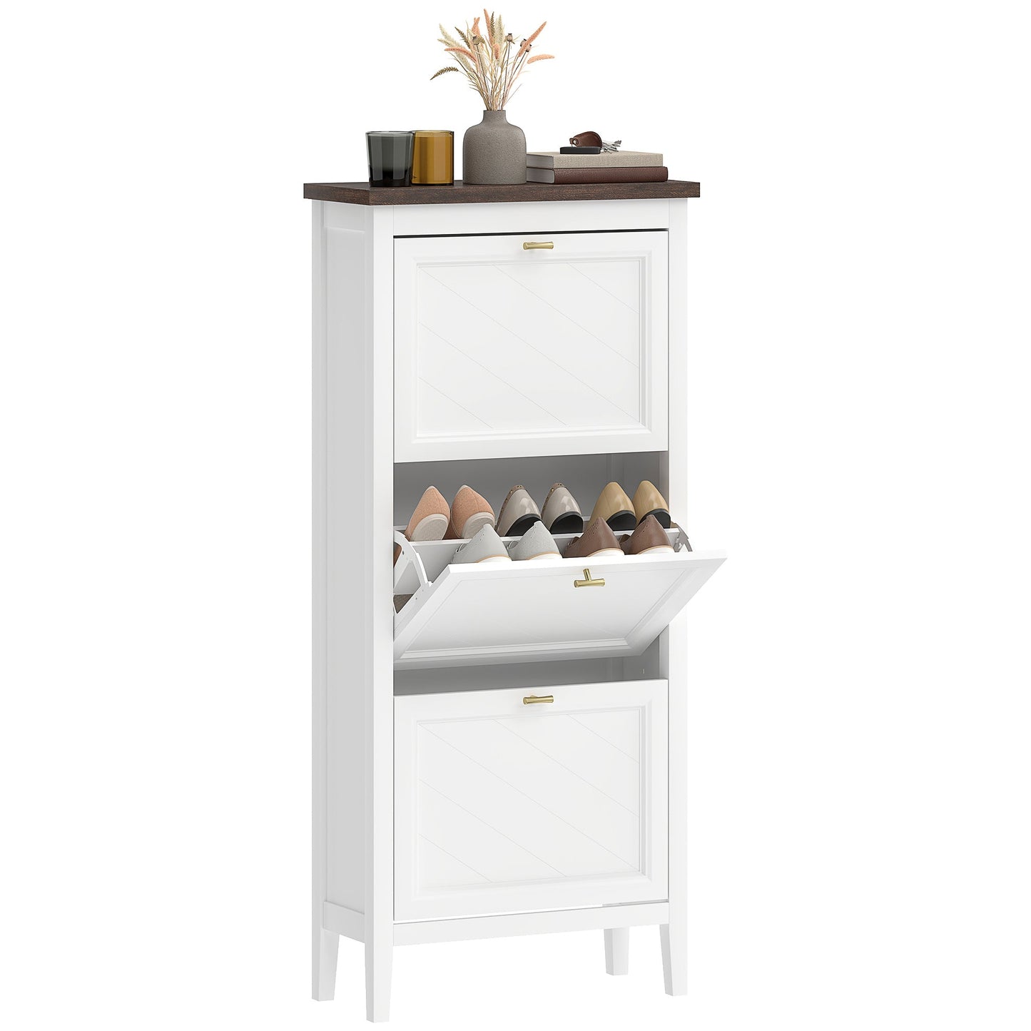 Shoe Cabinet with 3 Flip Drawers, Farmhouse Narrow Shoe Storage Cabinet with Adjustable Shelves, Freestanding for Entryway, Hallway, Living Room, Holds 12-18 Pairs, White