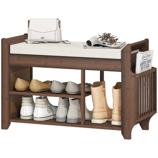Shoe Bench with Cushioned Seat, Shoe Storage Bench with Side Holder and Boot Section, 2-Tier Natural Bamboo Entryway Rack for Hallway, Living Room, 100 x 30 x 50 cm, Dark Brown and Cream