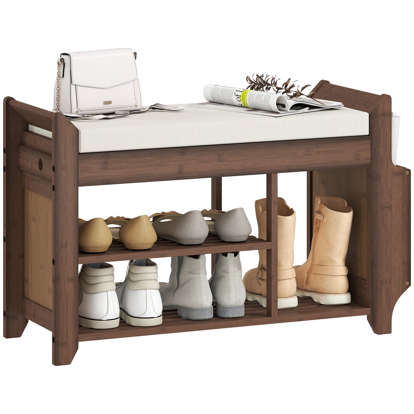 Shoe Bench with Cushioned Seat, Shoe Storage Bench with Side Holder and Boot Section, 2-Tier Natural Bamboo Entryway Rack for Hallway, Living Room, 100 x 30 x 50 cm, Dark Brown and Cream