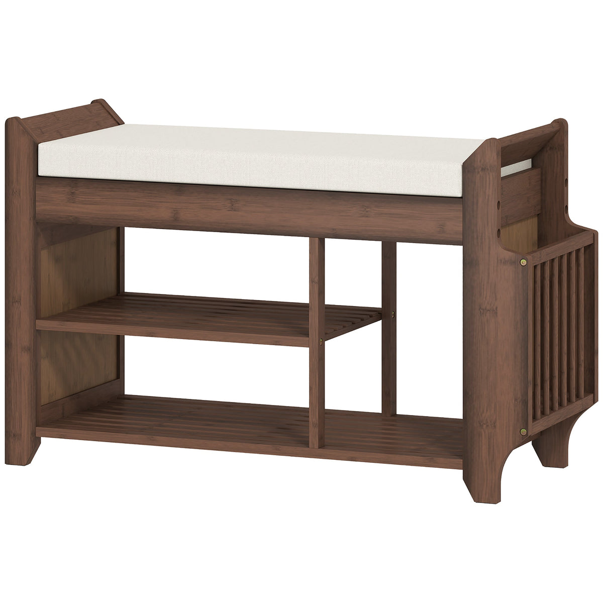 Shoe Bench with Cushioned Seat, Shoe Storage Bench with Side Holder and Boot Section, 2-Tier Natural Bamboo Entryway Rack for Hallway, Living Room, 100 x 30 x 50 cm, Dark Brown and Cream