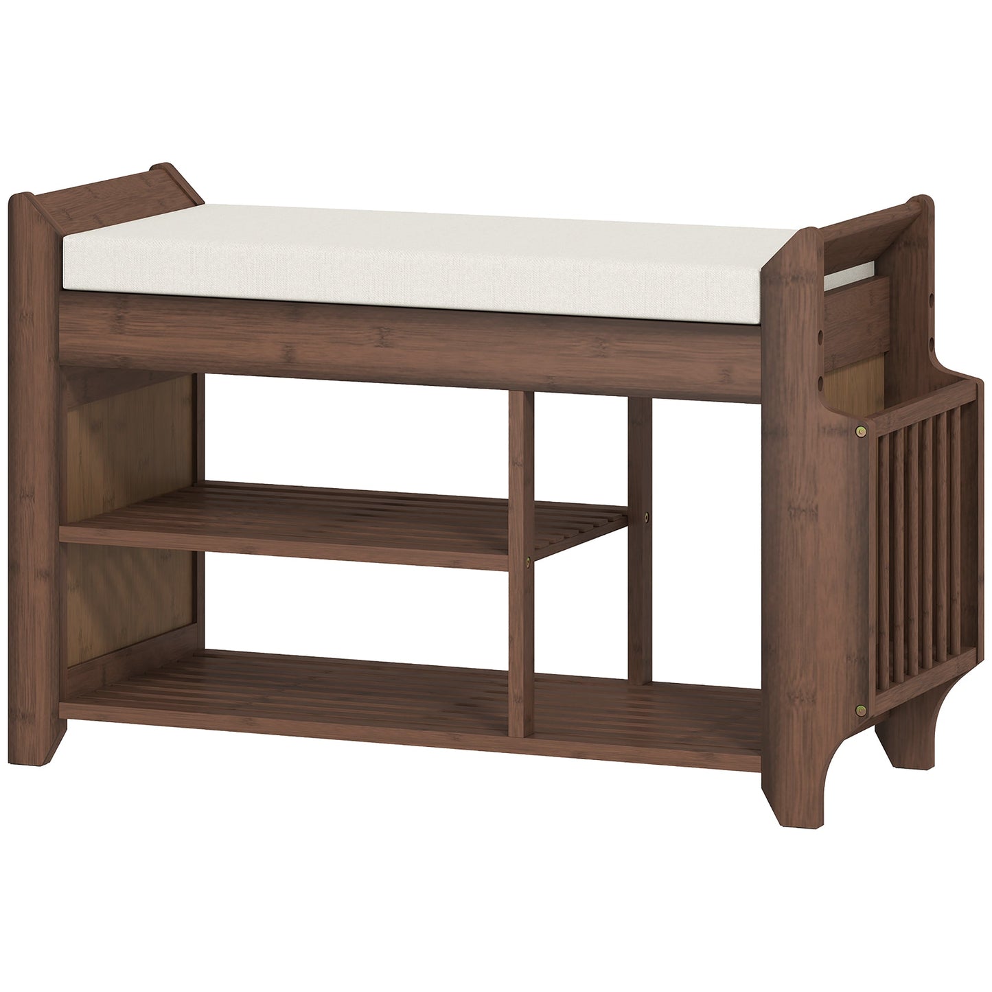 Shoe Bench with Cushioned Seat, Shoe Storage Bench with Side Holder and Boot Section, 2-Tier Natural Bamboo Entryway Rack for Hallway, Living Room, 100 x 30 x 50 cm, Dark Brown and Cream